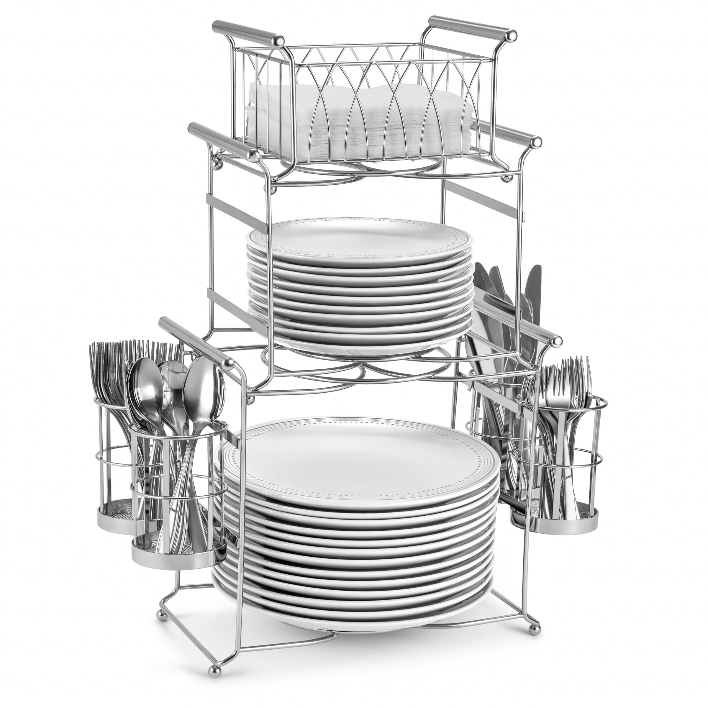 Sorbus Buffet Caddy — 7-Piece Stackable Set Includes Plate, Napkin, and Silverware Holder, 3-Tier Detachable Tabletop Organizer Ideal for Kitchen, Dining, Entertaining, Parties, Thanksgiving (Silver)