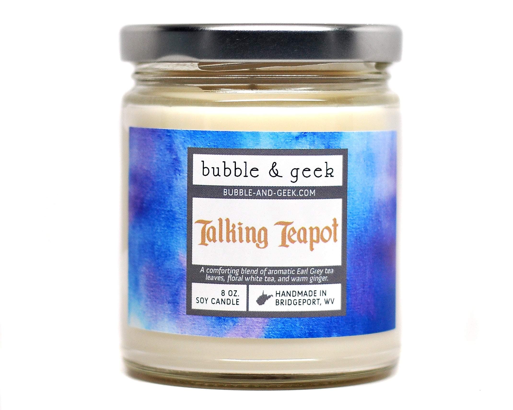 Talking Teapot Scented Soy Candle - earl grey tea, white tea, ginger