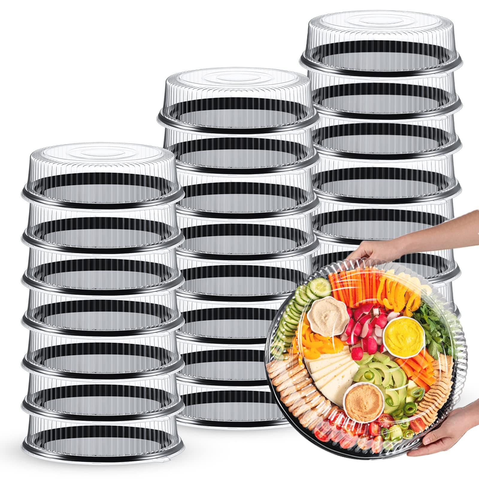 24 Pack Round Serving Trays with Lid 16 Inch Trays for Serving Food,Large Catering Tray Black Plastic Party Platters with Clear Lids for Party Appetizers Veggie Sandwich Takeout Picnic