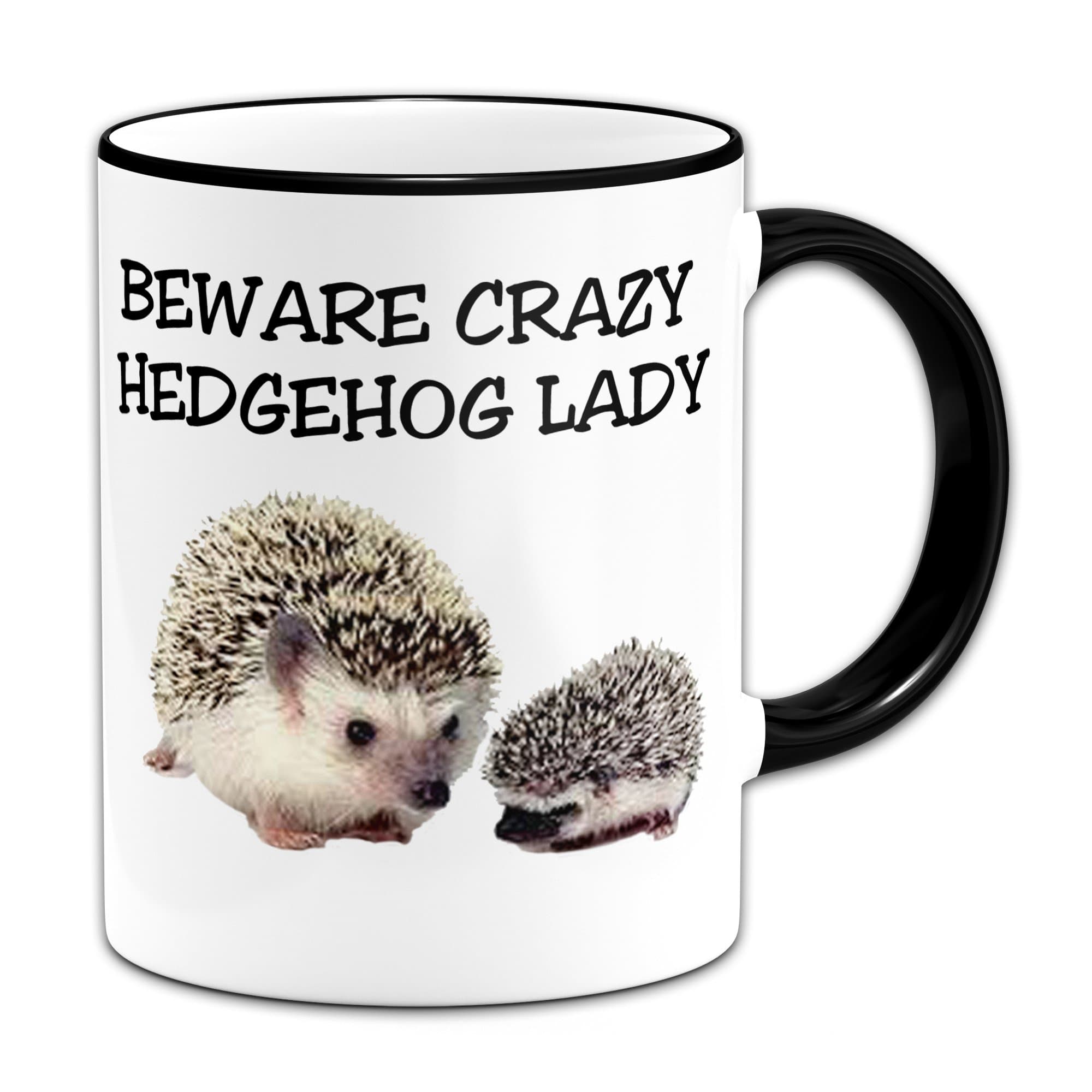 Ceramic Beware Crazy Hedgehog Lady Novelty Gift Mug - Black Handle/Rim