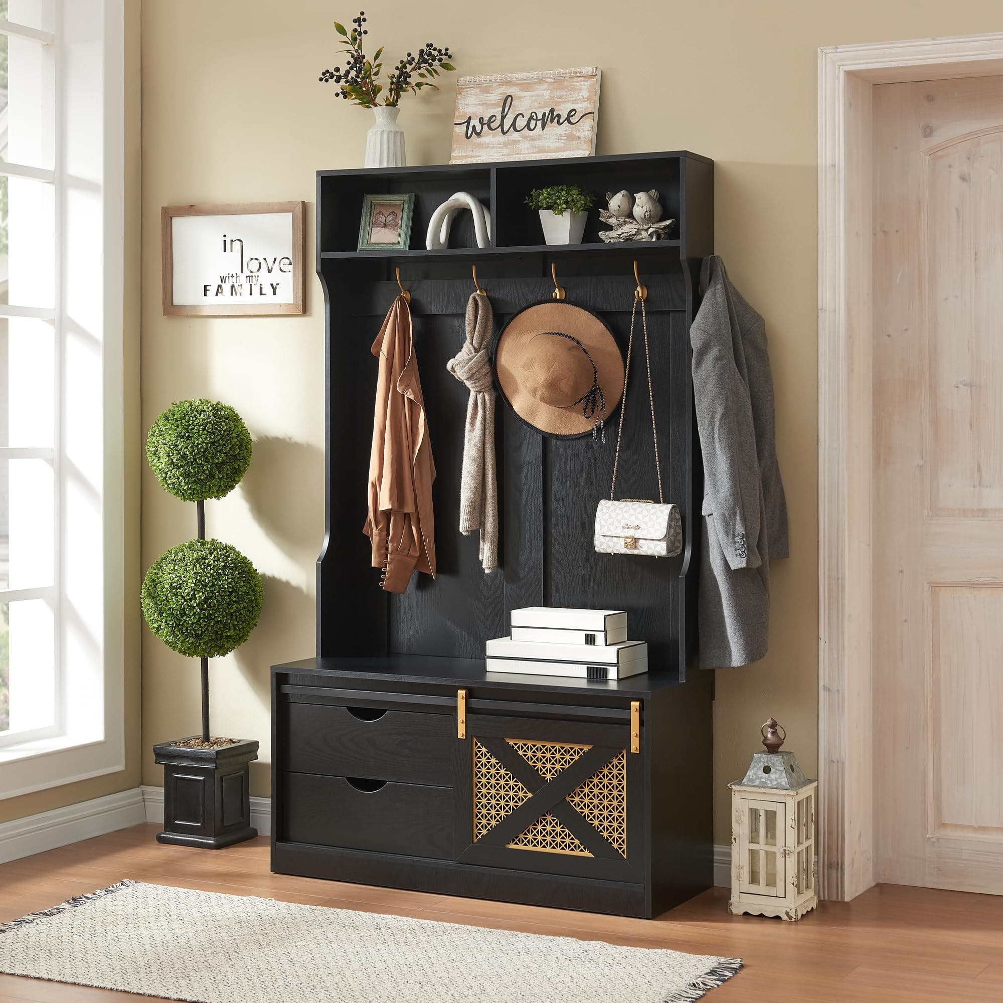 71" H Entryway Hall Tree with Coat Rack and Storage Bench, Coat Tree with Hooks for Entryway, Hallway, Living Room, Mudroom Black