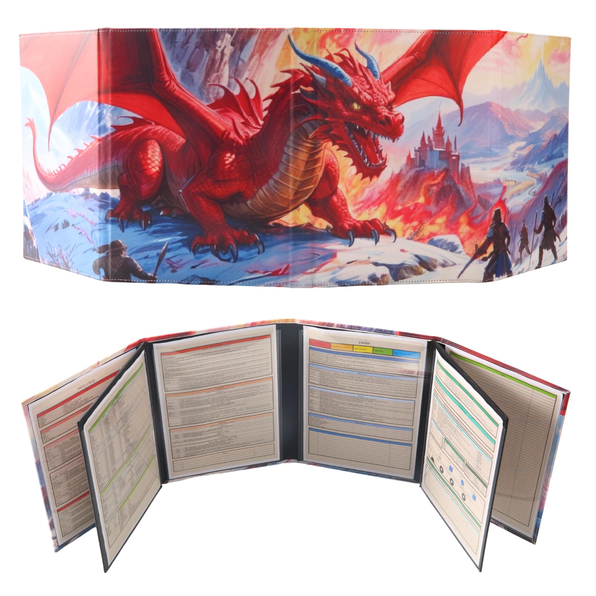 DND 5e DM Screen 8 Faux Leather Deluxe Panel 2 Swinging Wet Erase Pockets and Dungeon Master Cheat Sheet Dungeons and Dragons GM Terrain Accessories TTRPG Map Gift for D&D Game Master Players