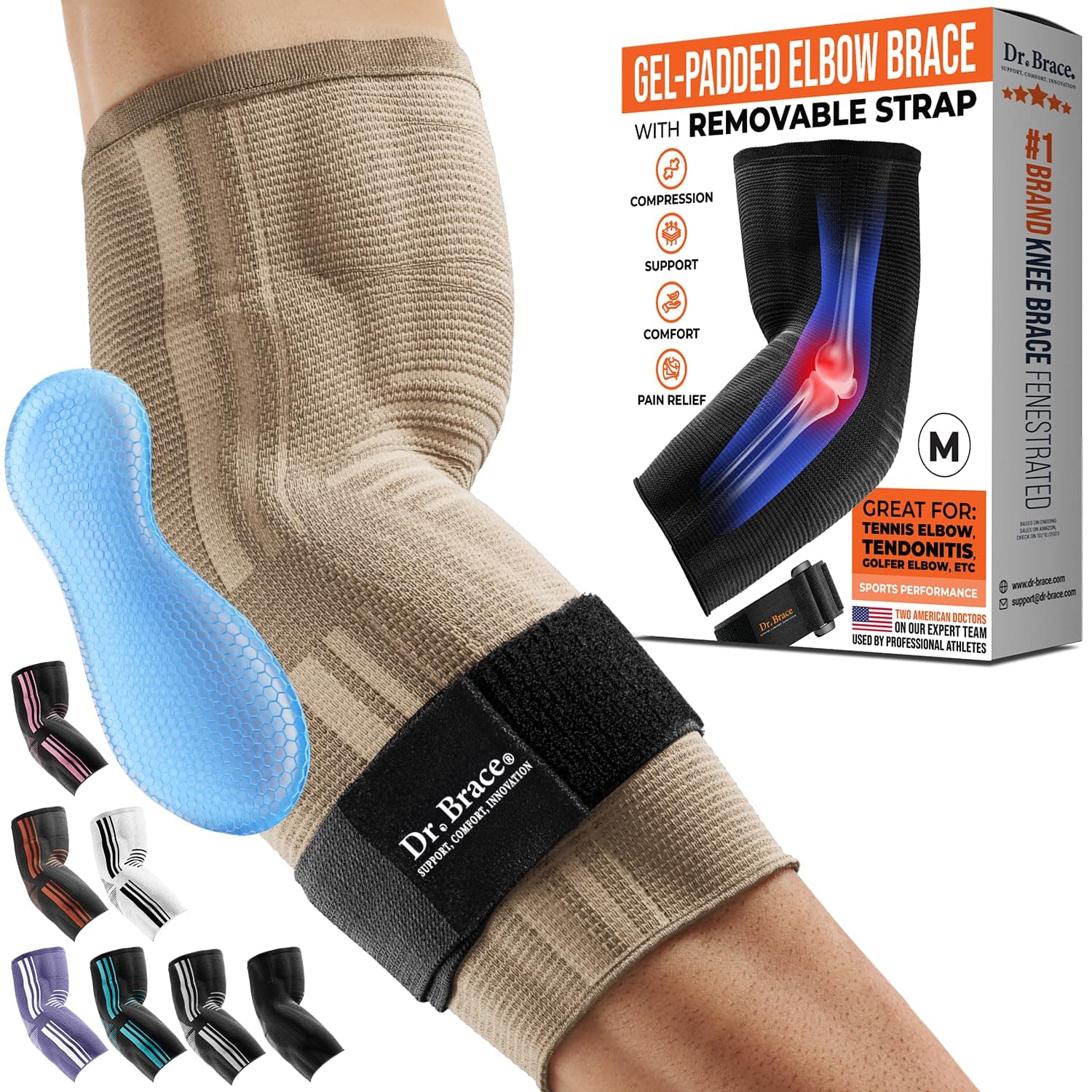 DR. BRACE® Elite Elbow Brace Support, Breathable Elbow Compression Sleeve with Gel Pad for Golfer's, Tennis Elbow & Tendonitis Treatment & Pain Relief 2024 (Nude (Beige), Medium)