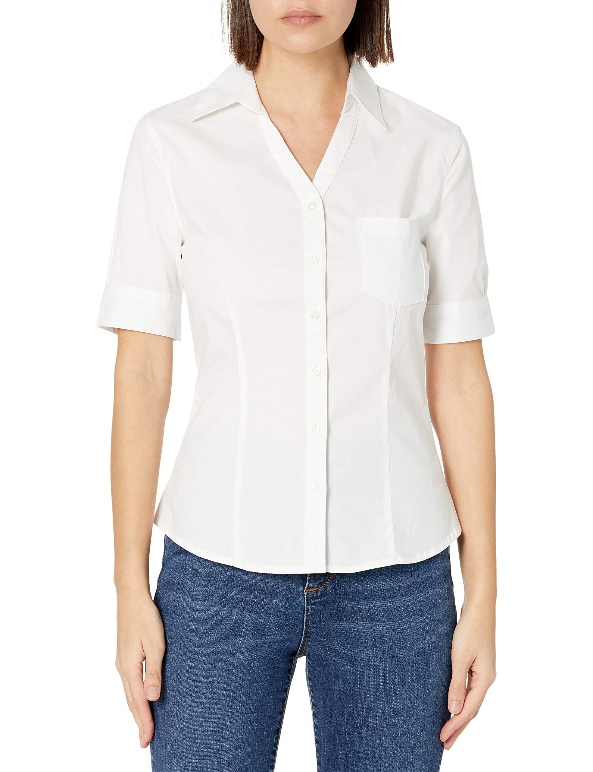 Lee Uniforms Juniors Short Sleeve Stretch Poplin Blouse, White, Medium