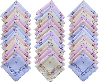 100% Cotton Women's Cut Work Border Light Colored Floral Handkerchiefs/Soft Cotton Hankies for Girls (30CM X 30CM)