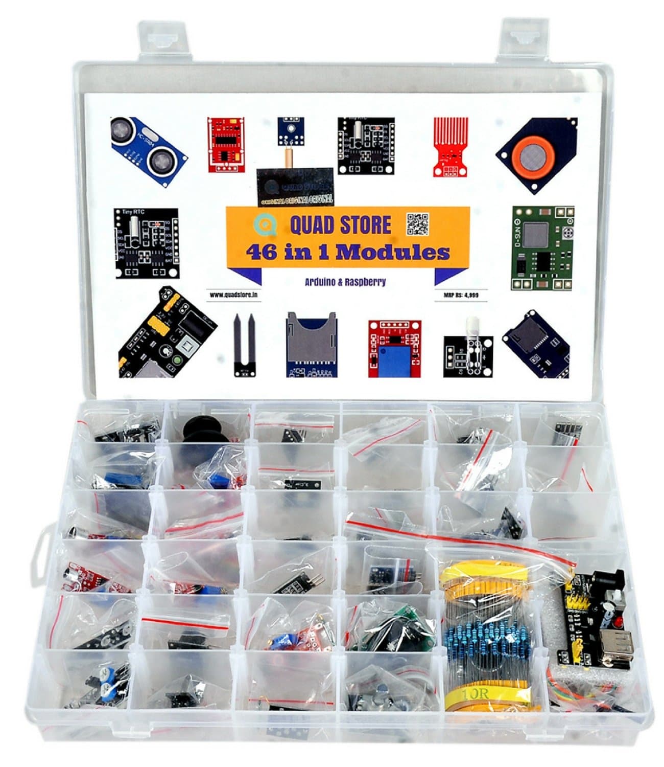 Quad Store 46 in 1 Sensor Modules Kit Compatible with Arduino Uno R3, Uno R4 Minima, R4 WiFi, Mega 2560, Nano, ESP32, Raspberry Pi and NodeMCU