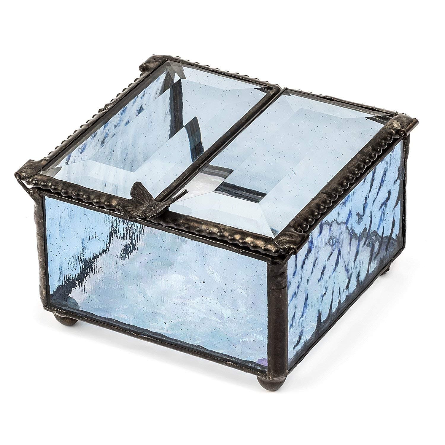 J Devlin Glass ArtJ Devlin Glass Art Blue ewelry Box Double Hinged Lid with Butterfly Accent Keepsake Display Trinket Dish Decorative Vintage Home DÃƒ©cor Box 185-3