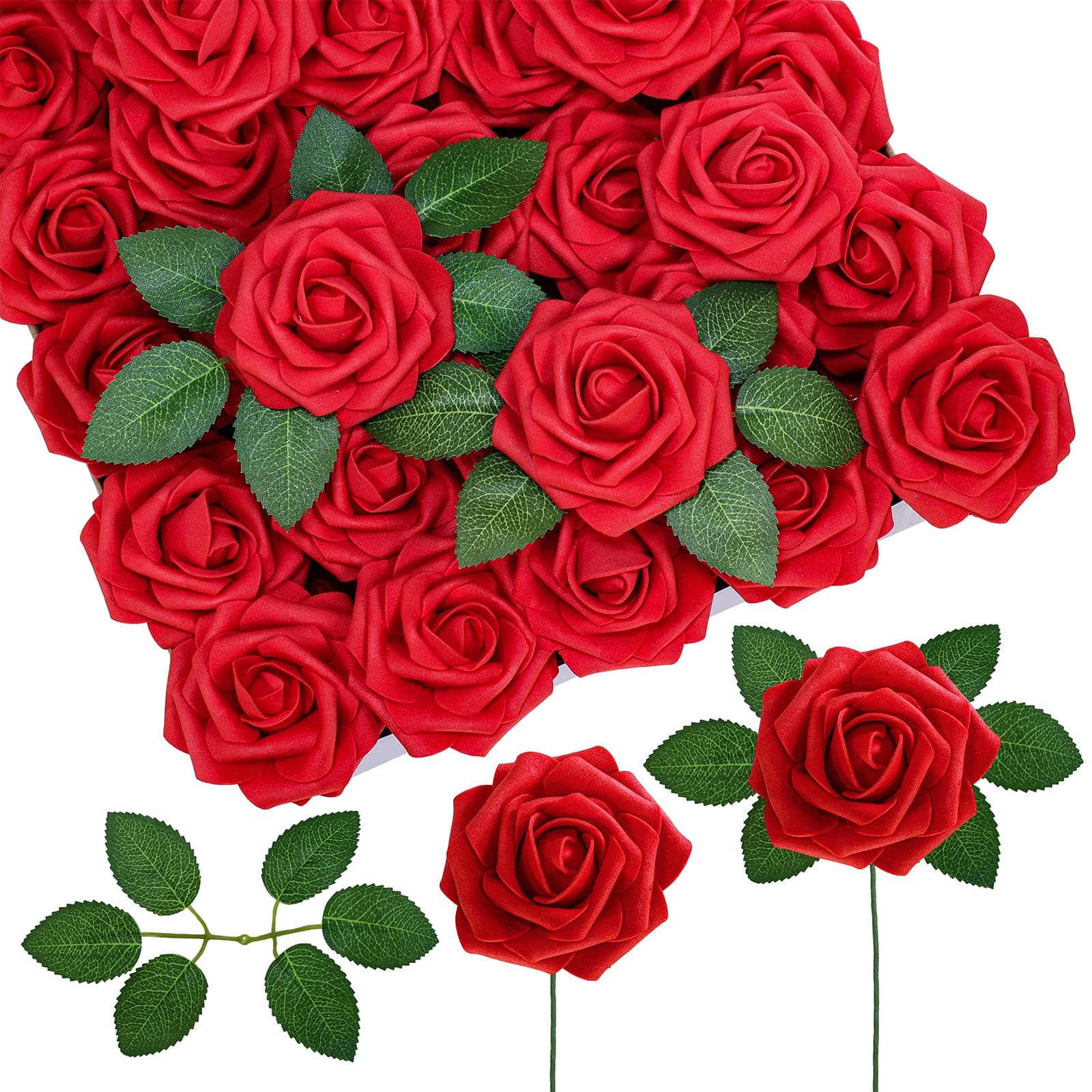Winlyn 50 pcs Real Touch Red Roses with Stems & Silk Leaves - Bulk Artificial Flowers for Weddings Centerpieces Floral Arrangement Party Decorations Baby Showers Birthday Anniversaries DIY Crafts