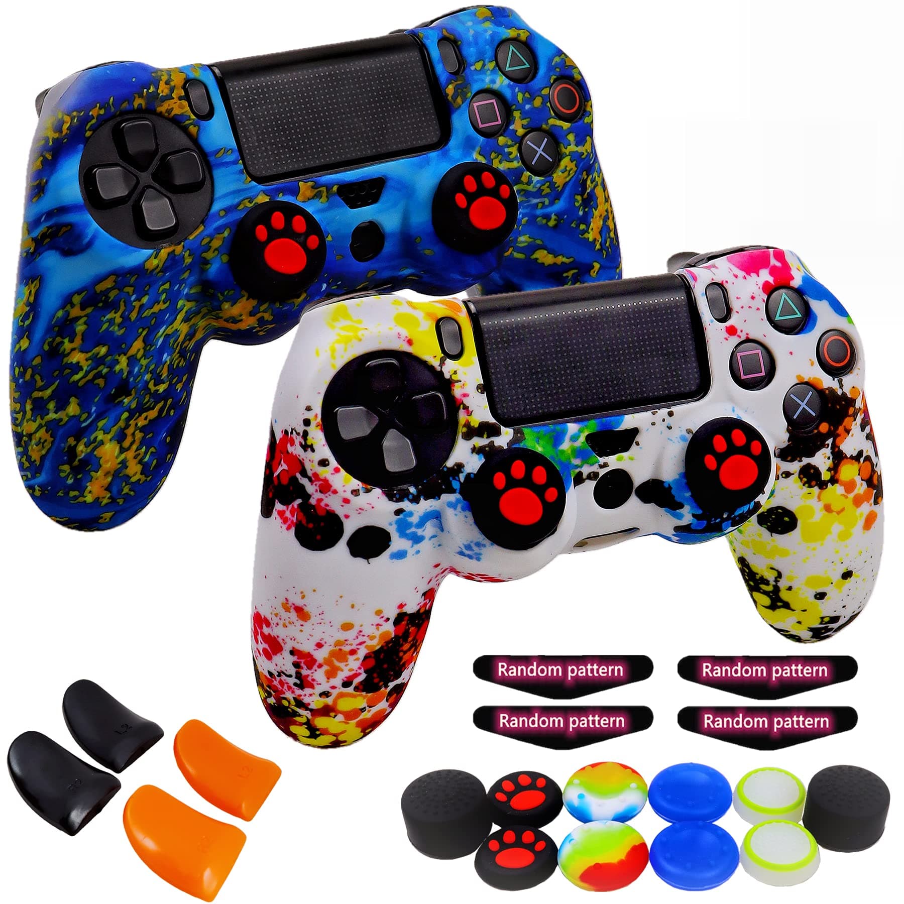 Silicone Skin for Ps4 Controller, 2pcs Anti-Slip Shell Cover Case with 10 Joystick Grips, 2 Pairs L2 R2, 4pcs Led Light Bar Skin for Playsation 4/ Slim/Pro Dualshock 4 Controller Wireless Gamepad