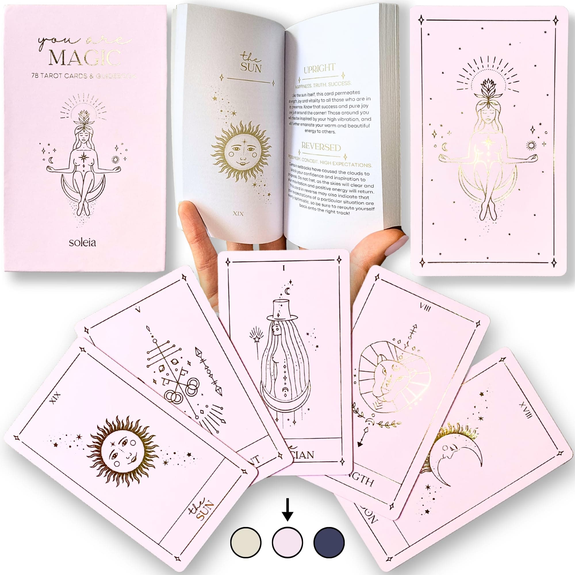 Soleia Original Tarot Card Deck with Guide Book & Box | 78 Gold Foil Tarot Cards for Beginners & Experts | Modern Rider Waite Tarot Deck | Tarot Gift for Adults | Pink Cards