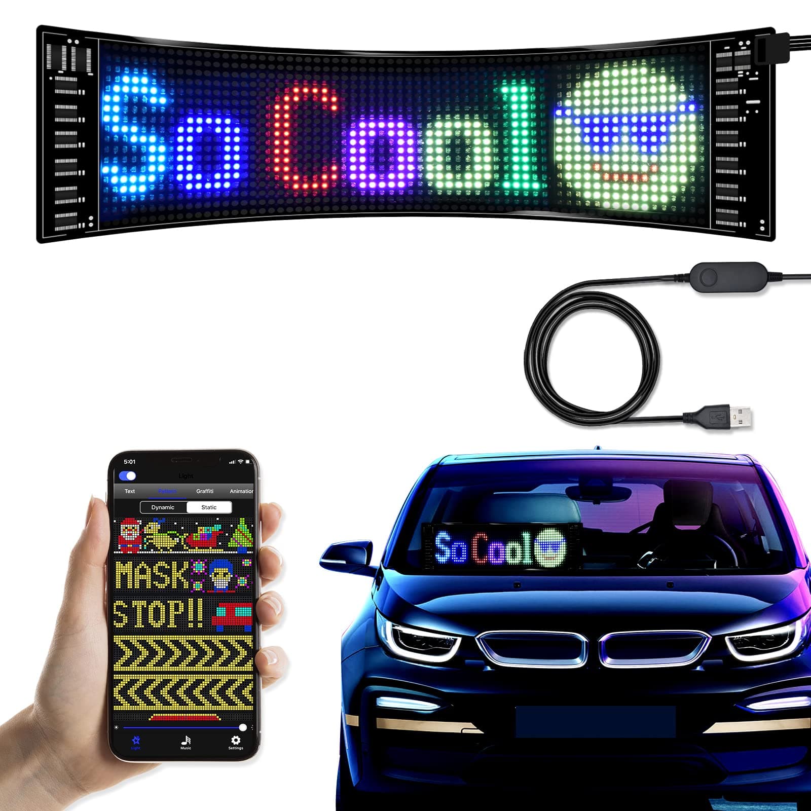 Programmable LED Car Sign,Scrolling LED Sign,Flexible LED RGB Message Display,Bluetooth APP,DIY Design Colours,Animations,Text, Graffiti