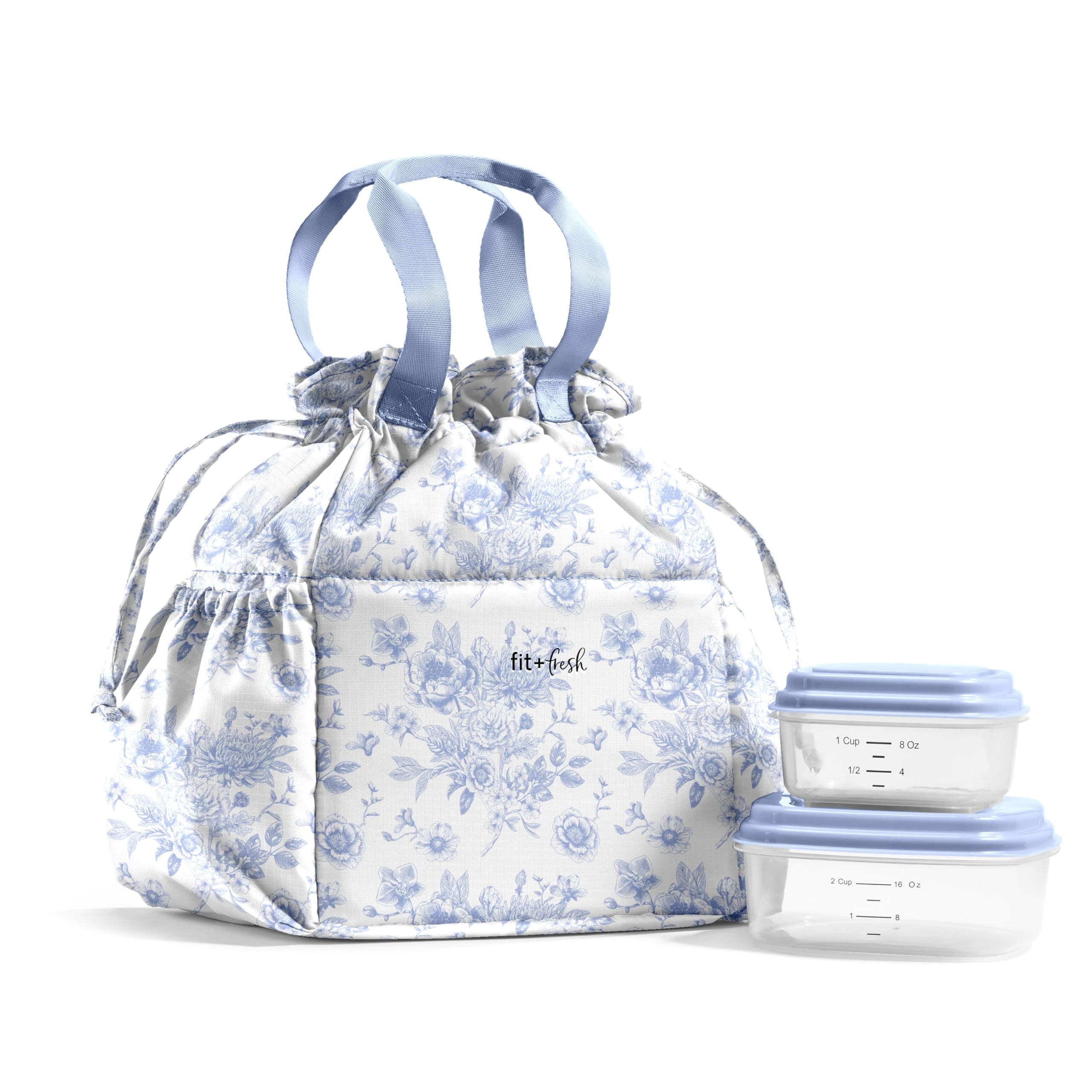 Fit & Fresh Cromwell Drawstring Lunch Bag for Women, Complete Lunch Set with 2 Containers, Stain-Resistant, Leak-Resistant, Back to School Essential, Teacher Lunchbox, Cornflower Floral Toile