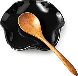 Spoon Rest for Kitchen Counter, 5.3" Ceramic Spoon Holder for Stove Top, Cute Spoon Rests Spatula Holder for Multiple Utensils, Farmhouse Kitchen Decor Black