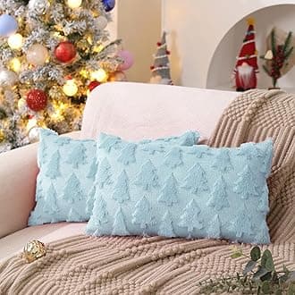 DFXSZ Christmas Tree Pillow Covers 12x20 inch Set of 2 Christmas Decoration Blue Soft Plush Faux Fur Jacquard Throw Pillows for Bedroom Sofa Holiday Festivals Winter Home Decor PTK006F12