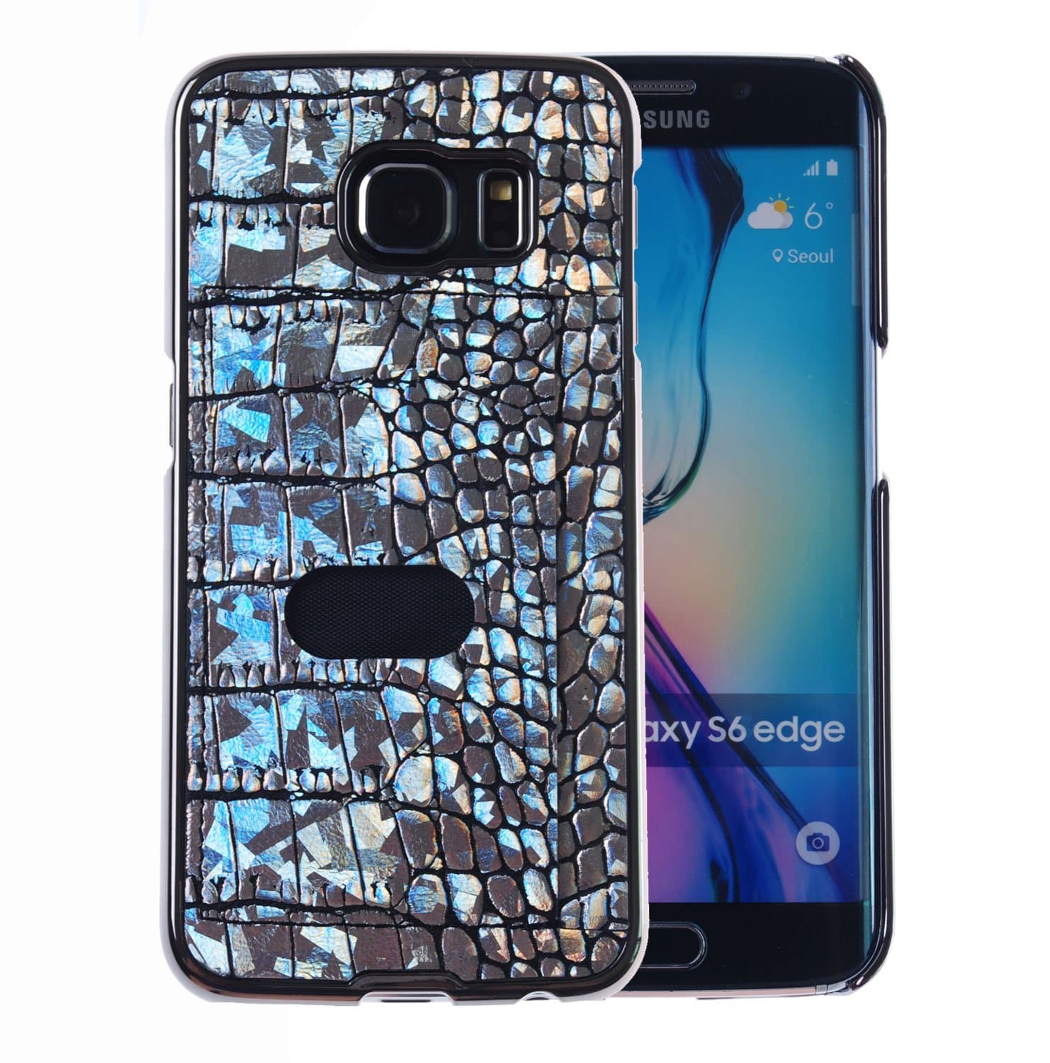 [Silver] Luxury Genuine Leather Crocodile [Hologram] Patterned [Back Pocket Rigid Case] Wallet Case for Galaxy S6 Edge