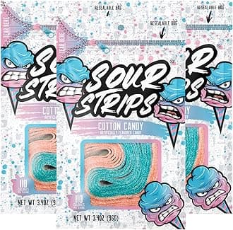 Sour Candy Belts, Cotton Candy, Resealable Candy Bags, 3.4 Ounce (Pack of 3)