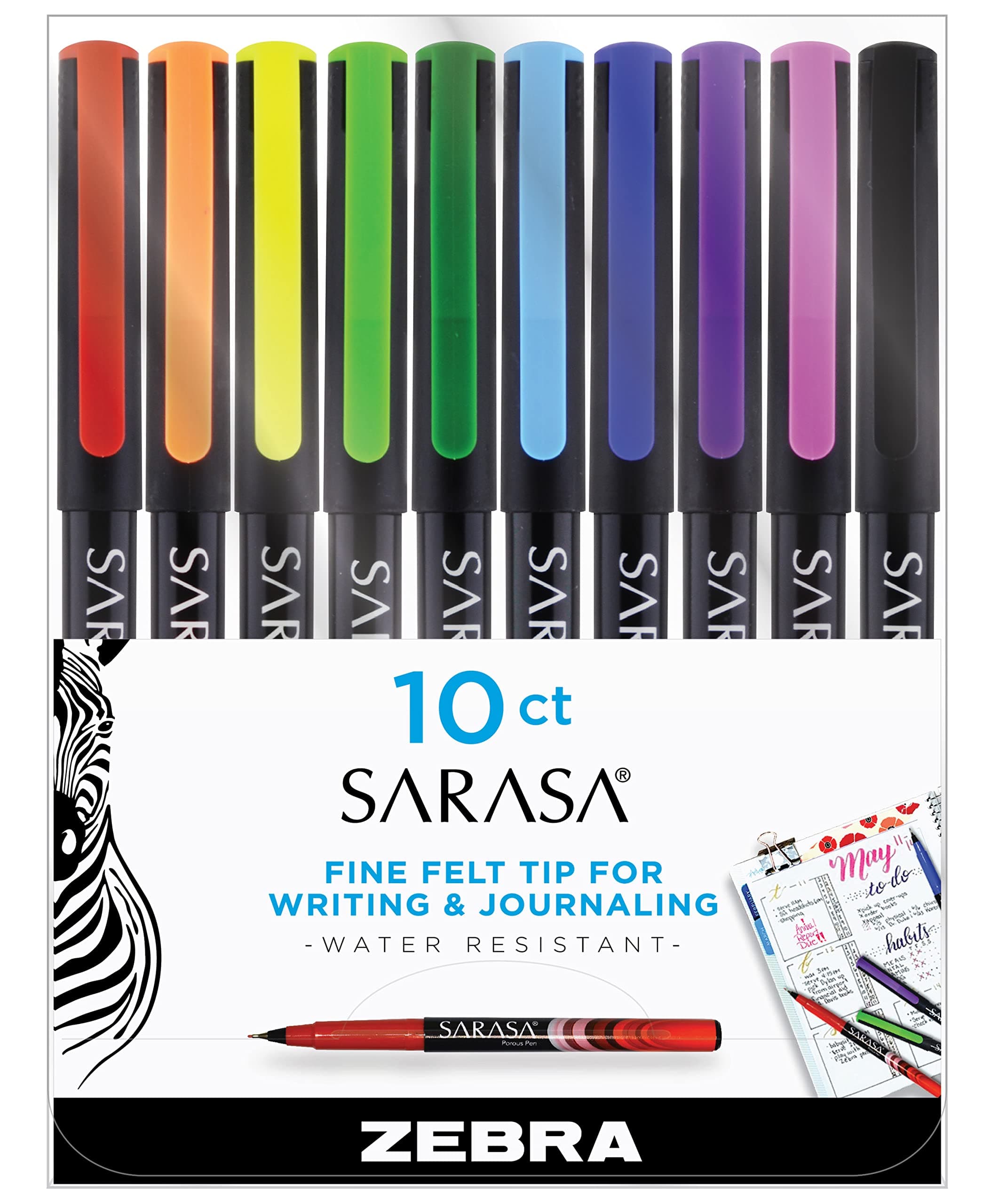 SARASA Fineliner Felt Tip Pens, 0.8mm Porous Point, Assorted Colors, Archival Quality, Acid Free, Fast-Drying Ink, Smooth Writing for Notes, Planners, and Journals, 10-Pack (67101)