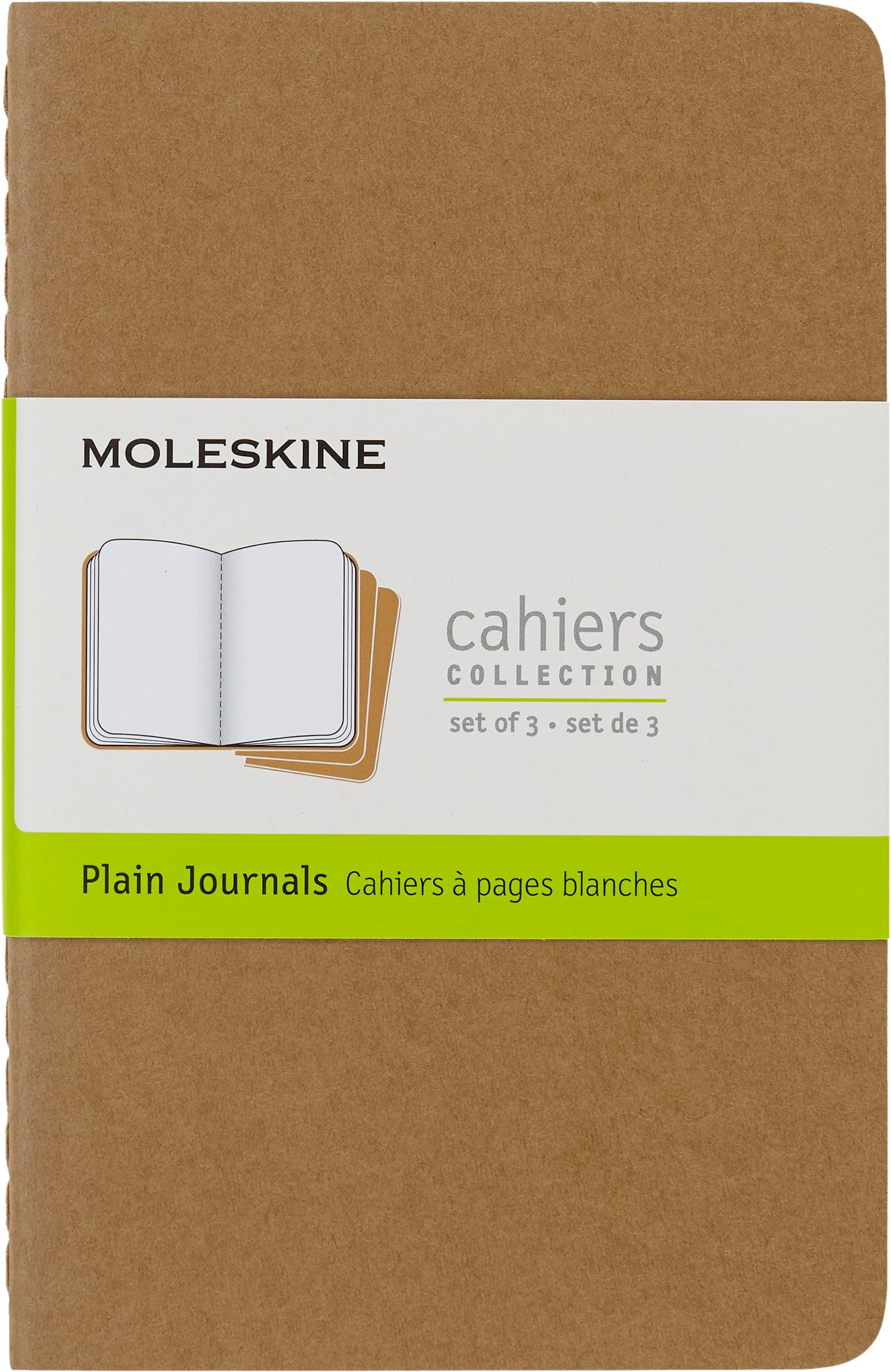 Cahier Journal, Set 3 Notebooks with Plain Pages, Cardboard Cover with Visible Cotton Stiching, Colour Kraft Brown, Pocket 9 x 14 cm, 64 Pages