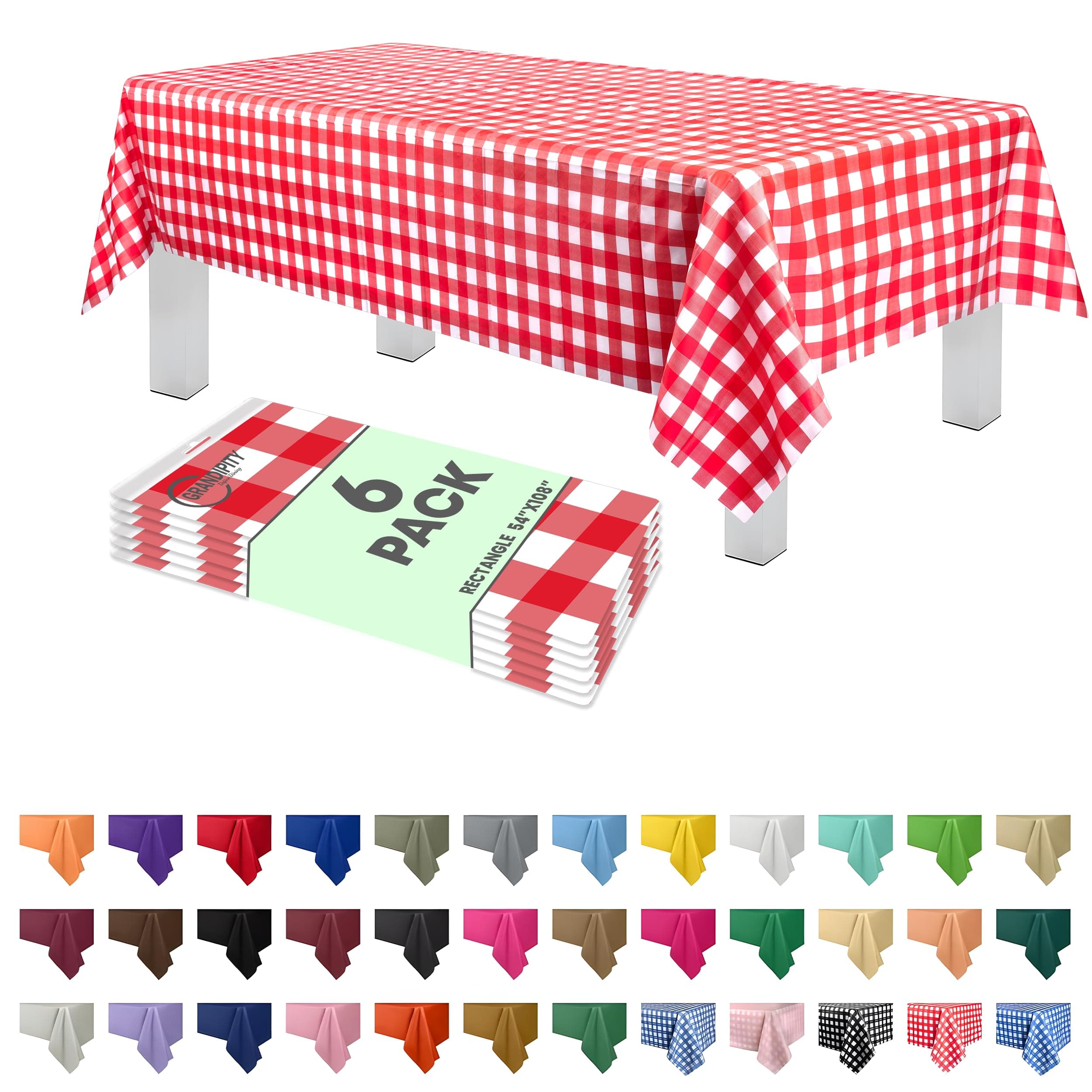 Grandipity Red Gingham Checkered Plastic Table Cloth Disposable (6 Pk) 54in x 108in Plastic Tablecloths for Rectangle Tables - Premium Party Table Cloths Disposable for 6ft to 8ft Rectangle Tables