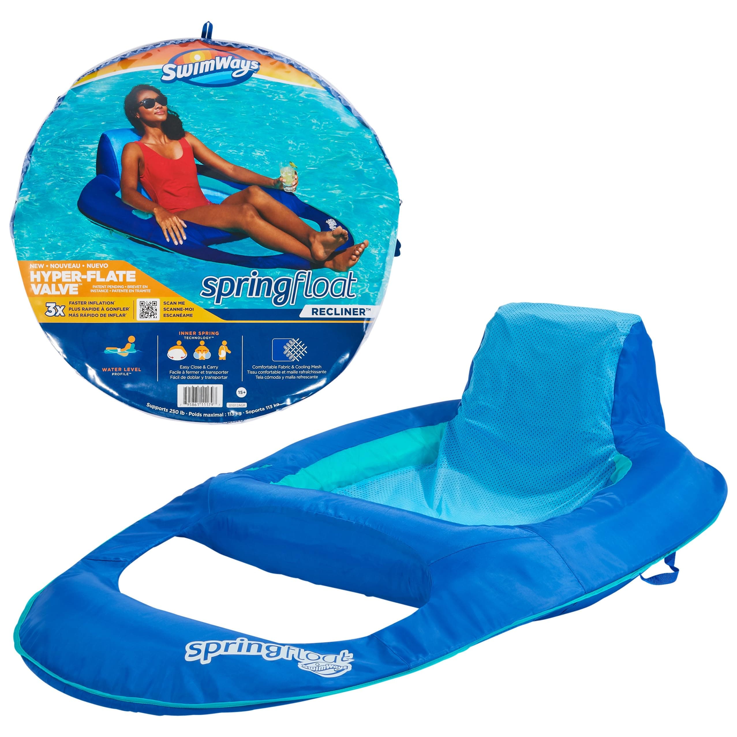 SwimWays Spring Float Recliner Pool Lounger with Hyper-Flate Valve, Inflatable Pool Float, Blue