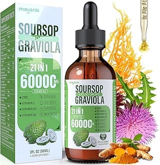 21-in-1 Soursop Graviola Liquid Drop, Soursop Bitters Liquid 2000mg Organic Soursop Leaves & Fruit with 300mg Sea Moss, Zinc, Vitamins for Cellular, Immune, Skin, Digestive, Natural Flavor, 60ML