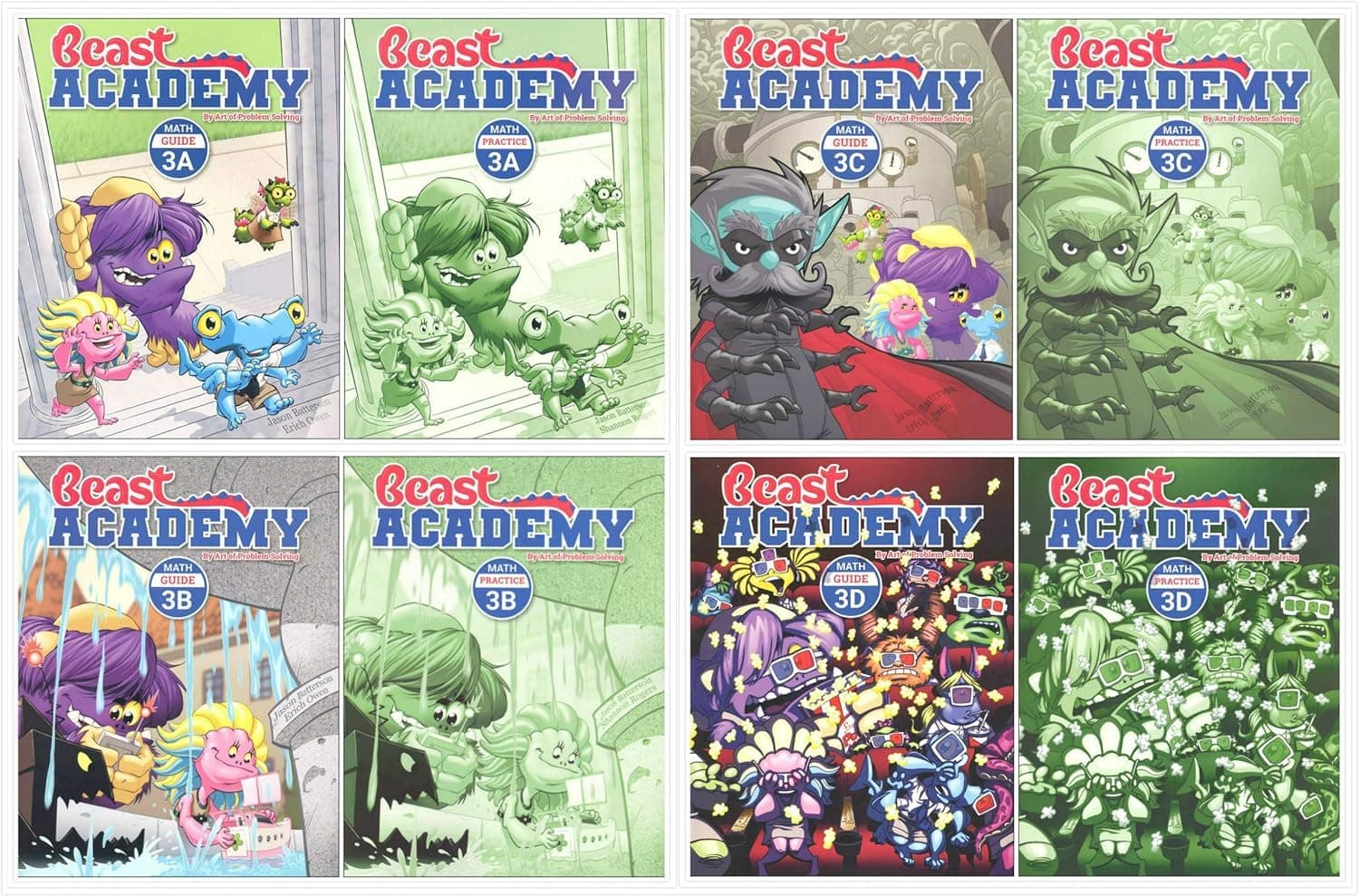 Art of Problem Solving: Beast Academy Grade 3 Complete Books Set (8 Books) - Math Guide 3A, 3B, 3C, 3D & Math Practice 3A, 3B, 3C, 3D