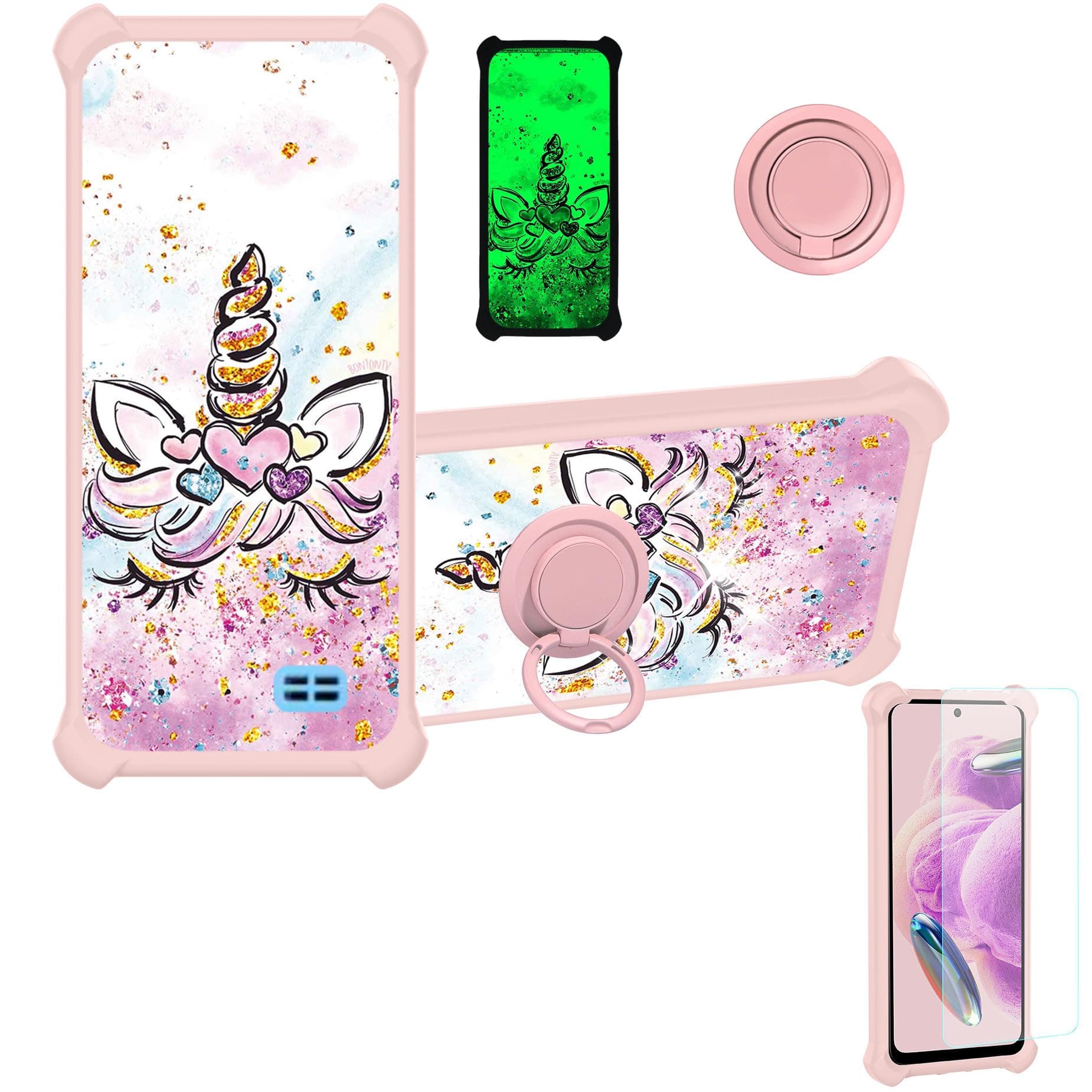 Case for G-MEE Play 3 Case Compatible with G-MEE Play 3 Phone Case Cover [with Tempered Glass Screen Protector][Ring Support][Gold Glitter+Luminous] JSF-JJS