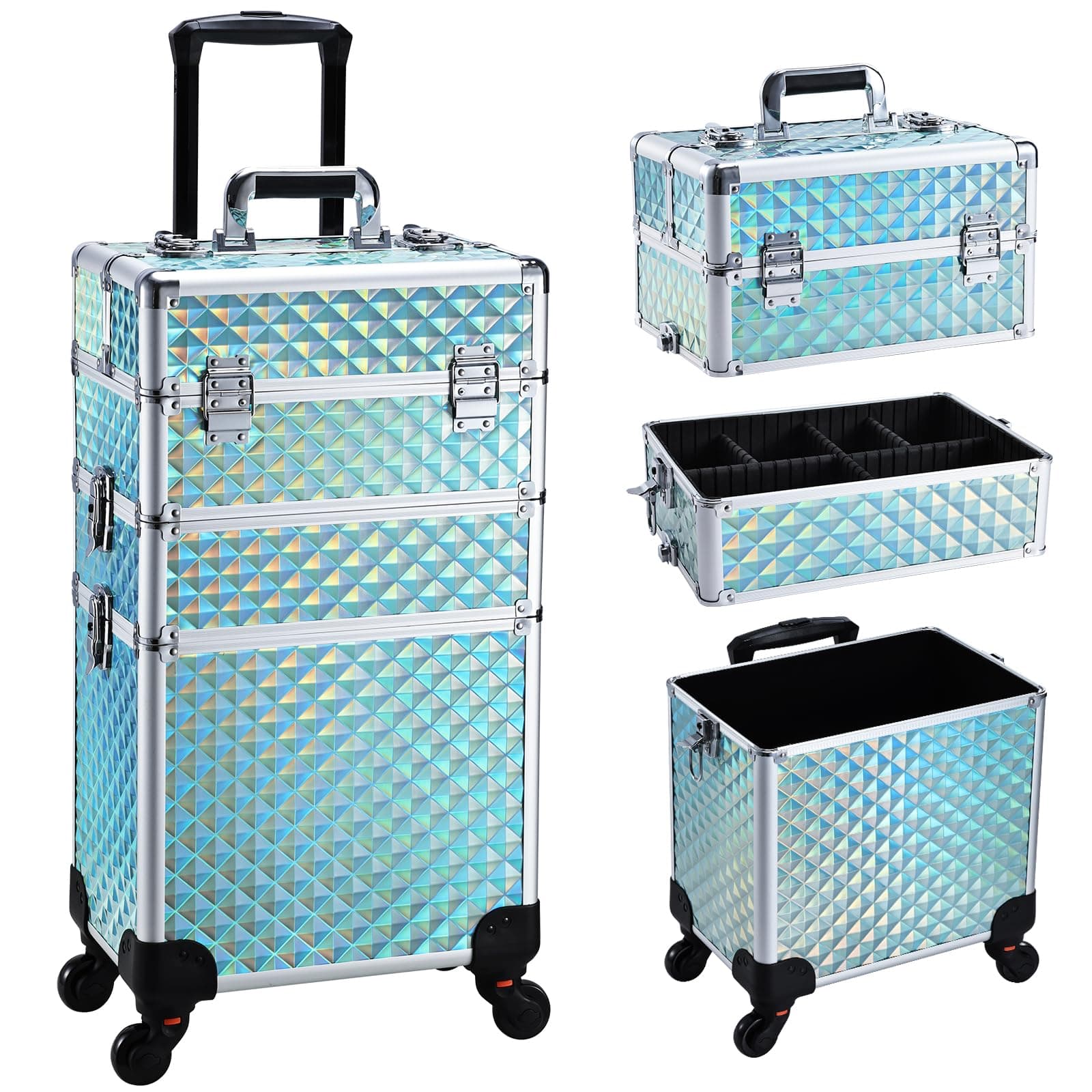 3 in 1 Rolling makeup case Cosmetology Case on Wheels Train Case Makeup Organizers Storage Cart Cosmetic Trolley Travel Barber Suitcase for Make up Artist Nail Tech Hair Lockable, Shiny Mint