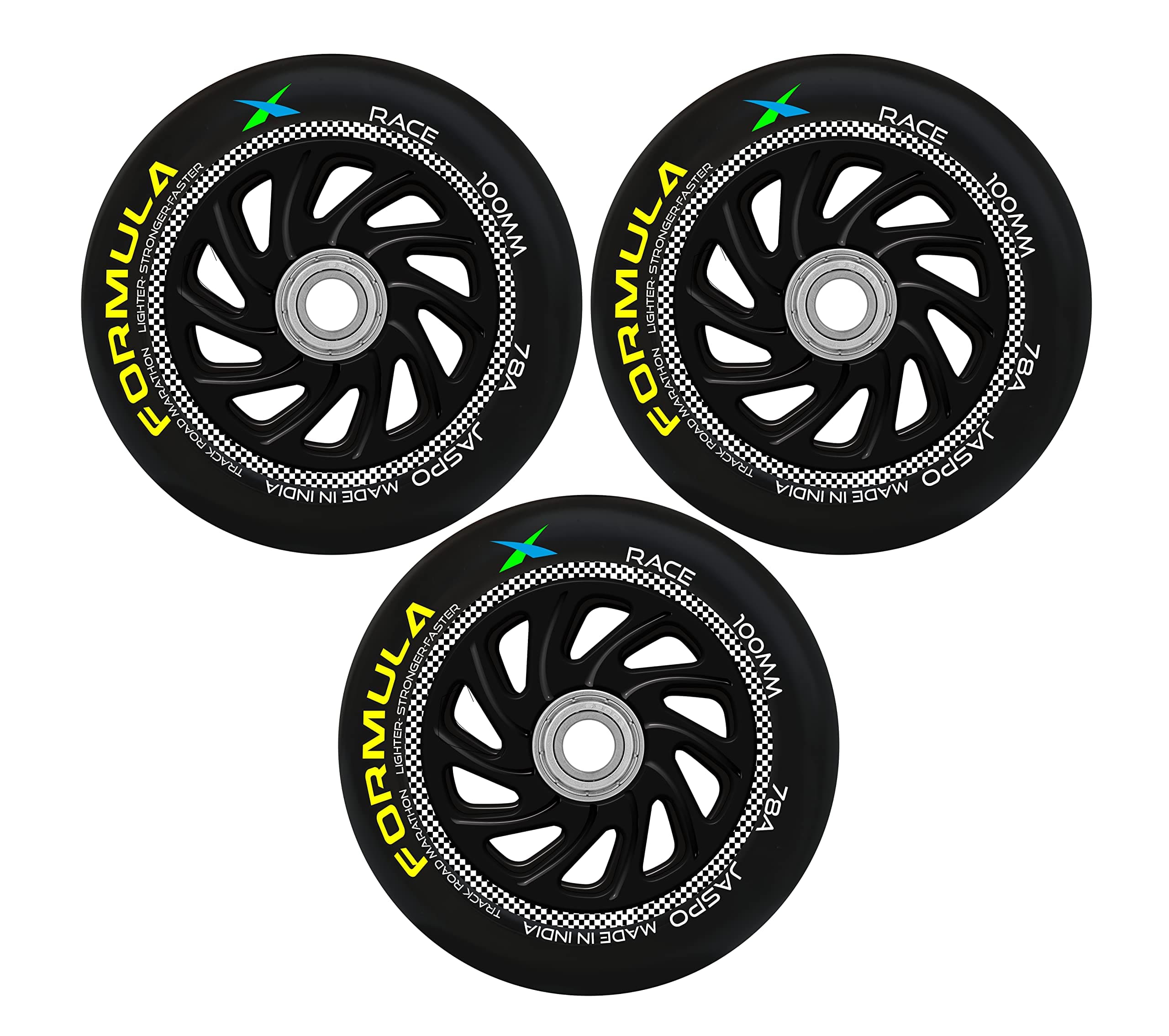 Jaspo Inline PU Wheels 72mm/100mm Inline Spare Skate Wheels, Roller Blade Skating/Waveboard/Luggage Wheels, Training/Replacement Wheels (Formula 100 MM (Pack of 3))