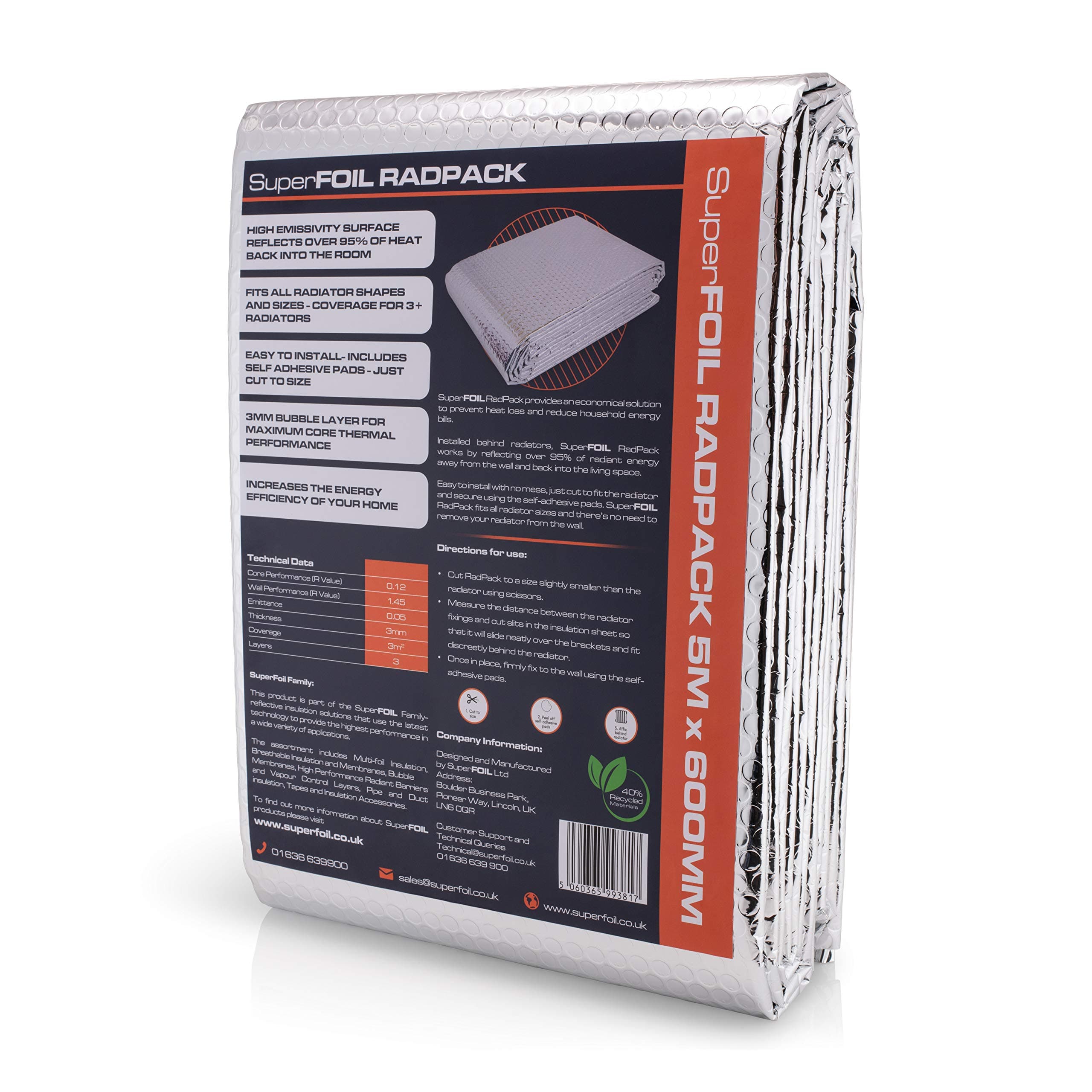 Radpack - Radiator Reflective Foil Insulation Includes Self Adhesive Pads 0.6m x 5m