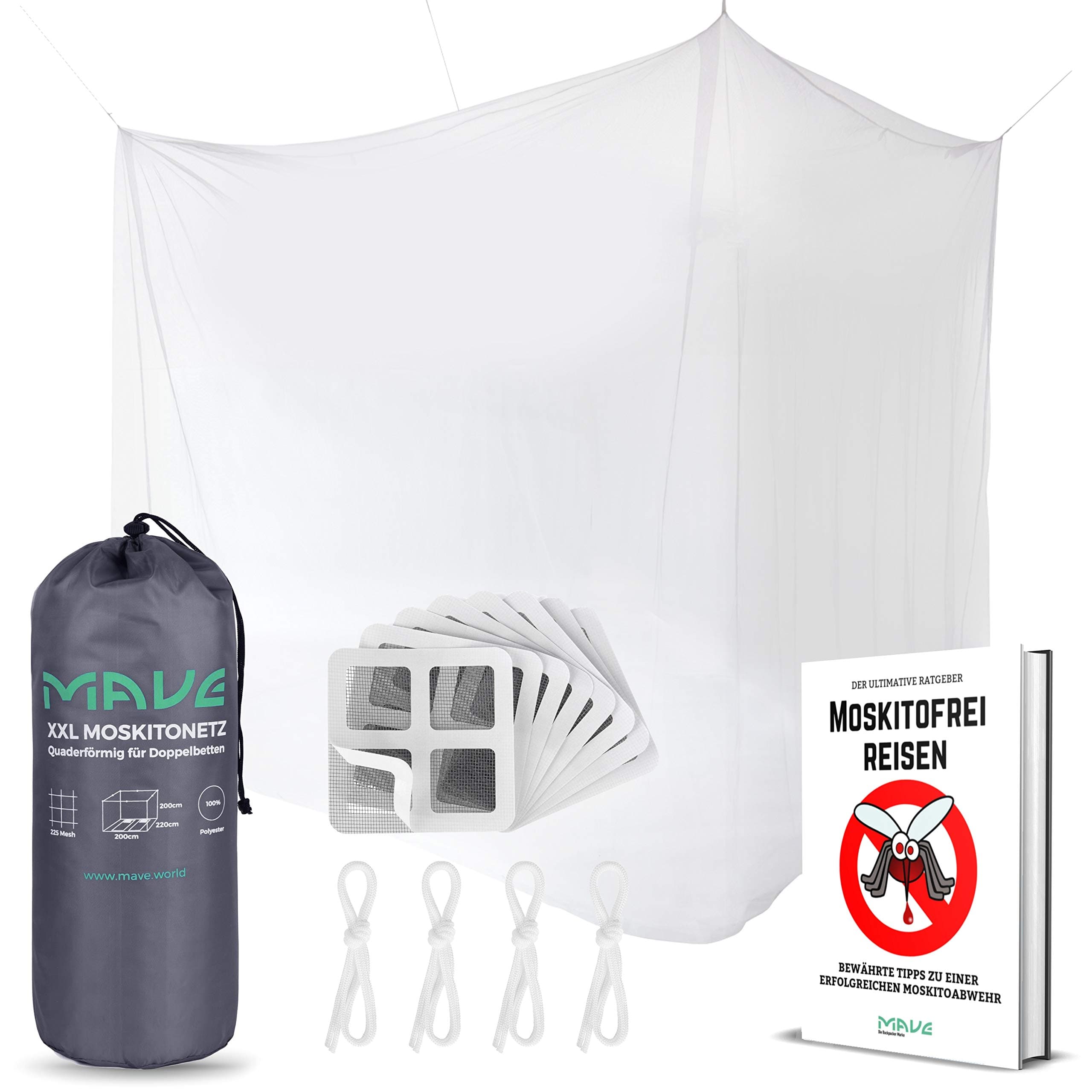 Mave Athletic Premium mosquito net for double beds in box type XXL Format [220 cm x 200 cm x 200 cm] – Including repair kit and assembly material