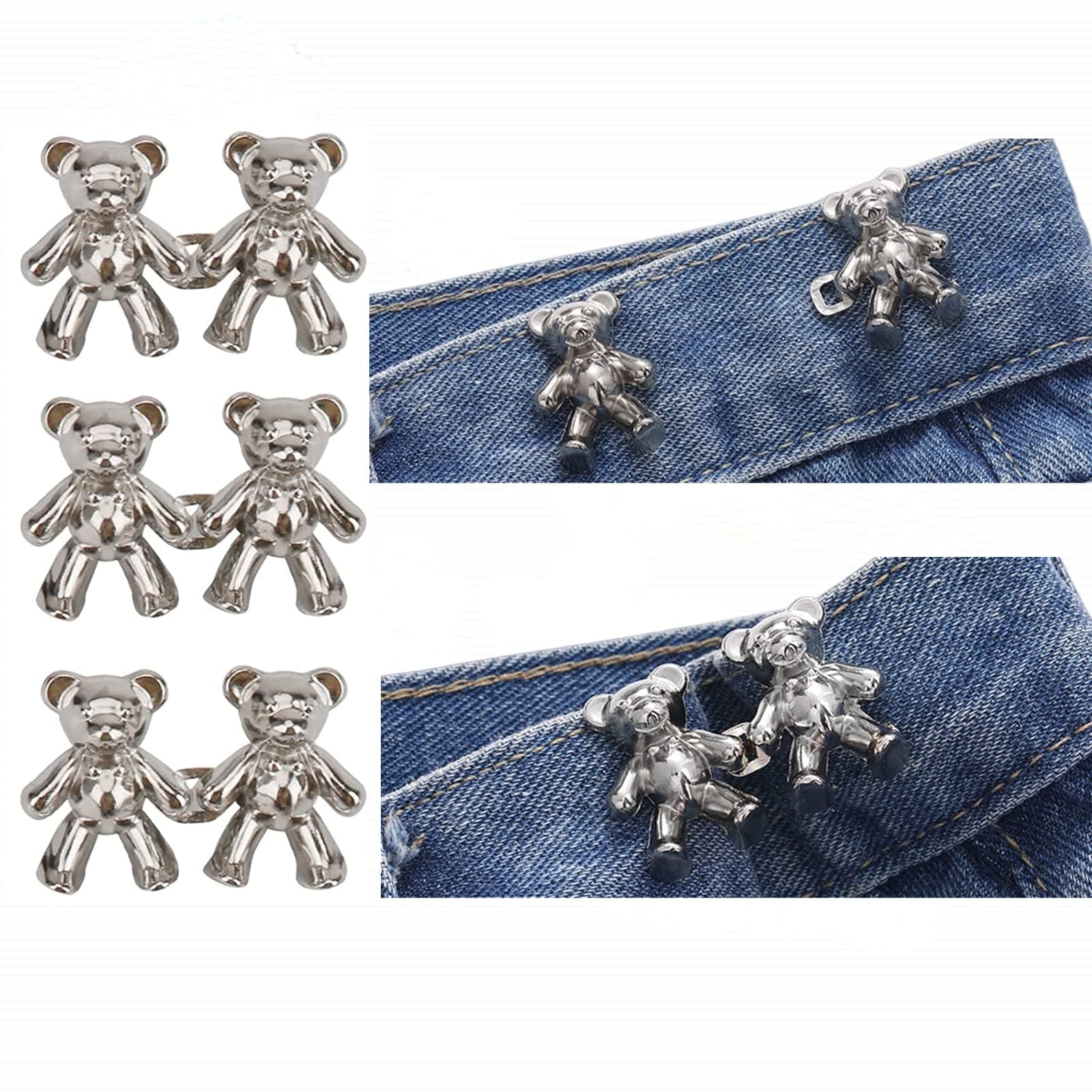 3 Sets Cute Bear Button Pins for Jeans No Sew and No Tools Instant Pant Waist Tightener, Adjustable Jean Buttons Pins for Loose Jeans Jeans Button Replacement Pant Clips for Waist Buckle (Silvery)