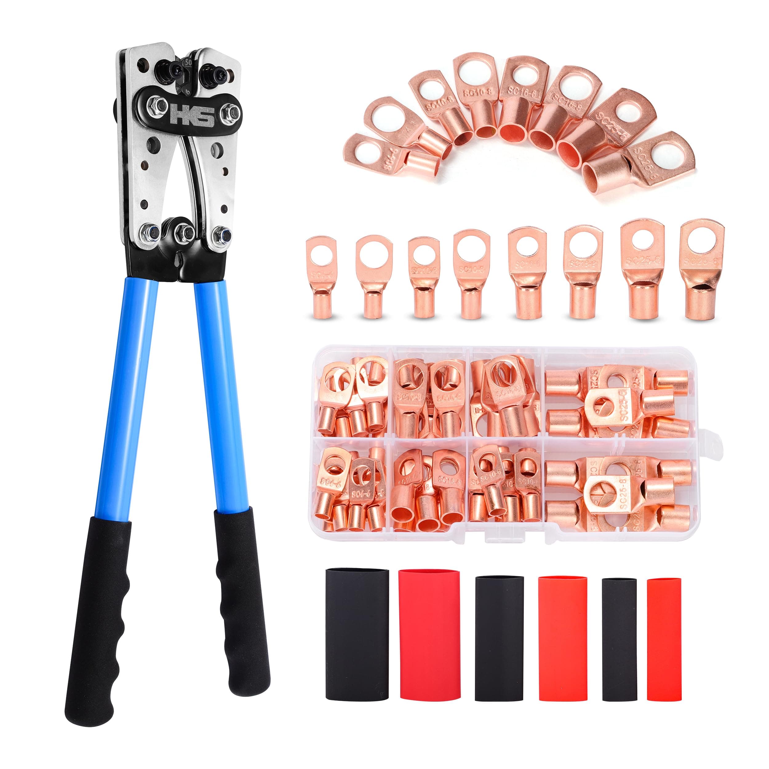 HKS Battery Cable Crimping Tool Kit – Heavy Duty Wire Crimper for AWG 10-1, Includes 60pcs Copper Ring Terminals & 60pcs 3:1 Heat Shrink Tubing, Ideal for Battery Cables
