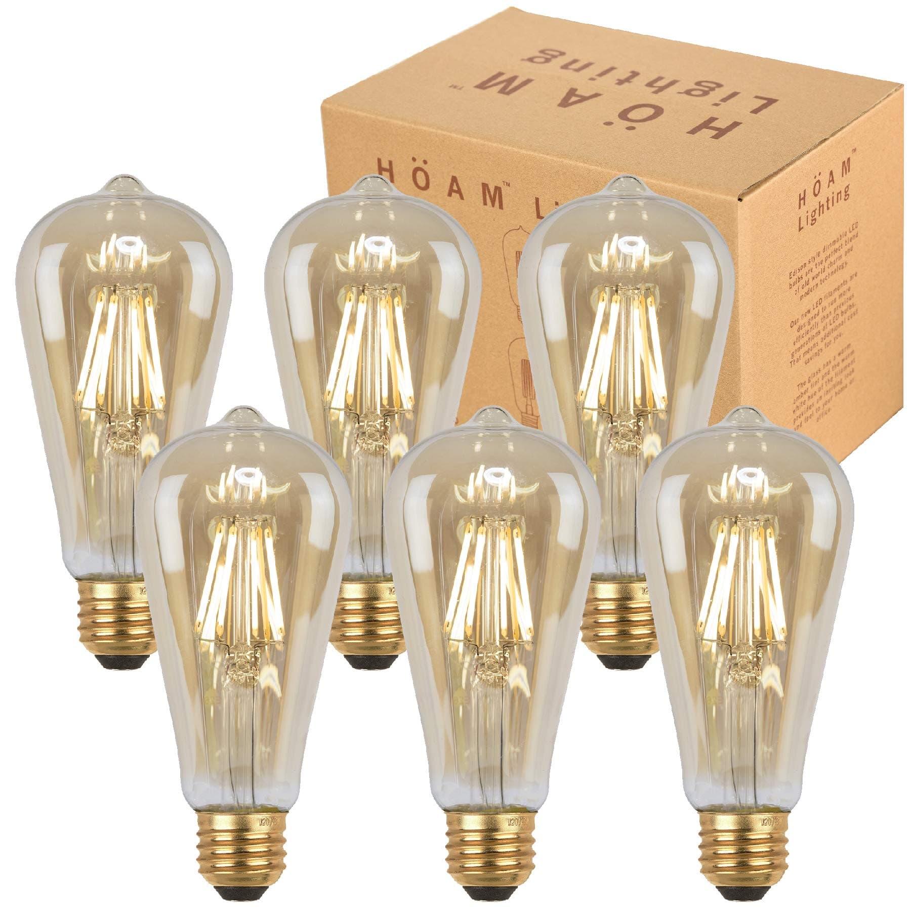 6 Pack Edison Bulbs from HOAM Lighting, Dimmable LED Filament, Antique Style, Amber Glass, 6W LED 60W Incandescent Equivalent 4000K Warm White Color Temperature, ST18 ST64, E26 E27 Screw Cap, 120V