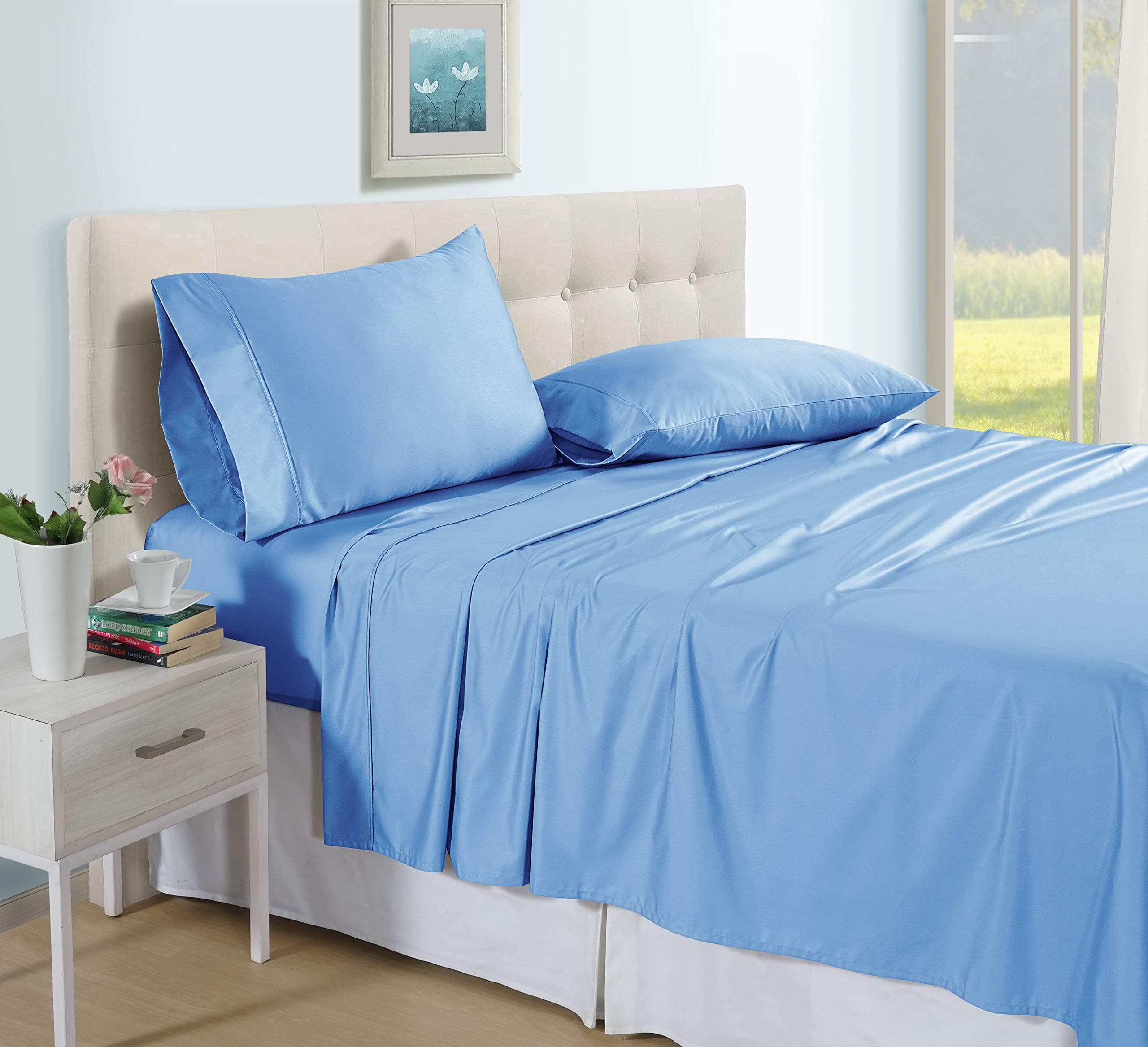 Luxus Premium 100% Cotton 600 Thread Count Flexi Fit Sheet Set - 4 Piece - Queen Size - Soft Sateen Weave - Smooth - Breathable - Durable - All Season Bed Sheet Set - Deep Pocket - Easy fit - Horizon