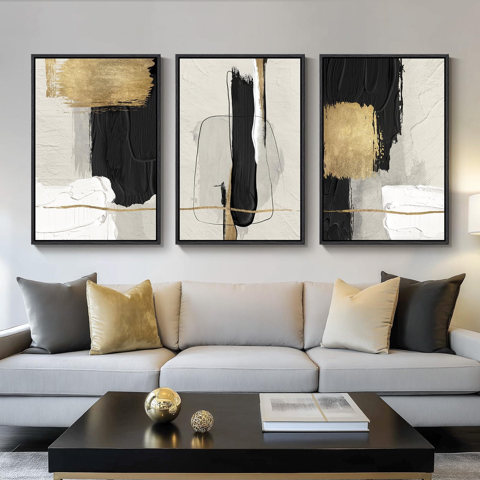 Large Framed Black and White Abstract Wall Art, 3 Piece Modern Canvas Prints Paintings Artwork for Walls, Minimalist Black Beige Gold Pictures for LIving Room Bedroom Office Wall Decor Total 30x60 In
