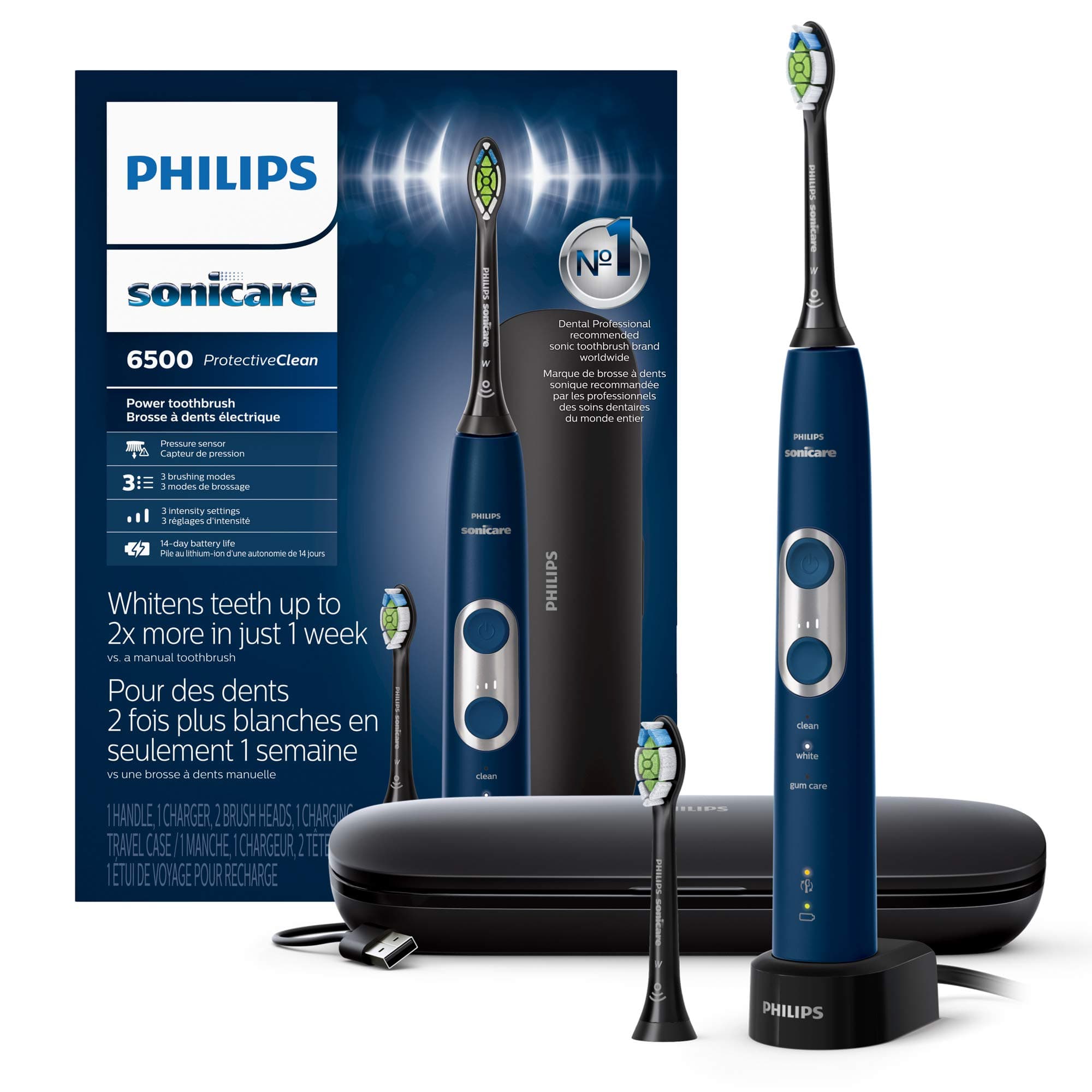 Philips Sonicare ProtectiveClean 6500 Rechargeable Electric Toothbrush, with Pressure Sensor, 3 Cleaning Modes, SmarTimer and QuadPacer, 14-Day Battery Life, Charging Travel Case, Navy Blue, HX6462/07