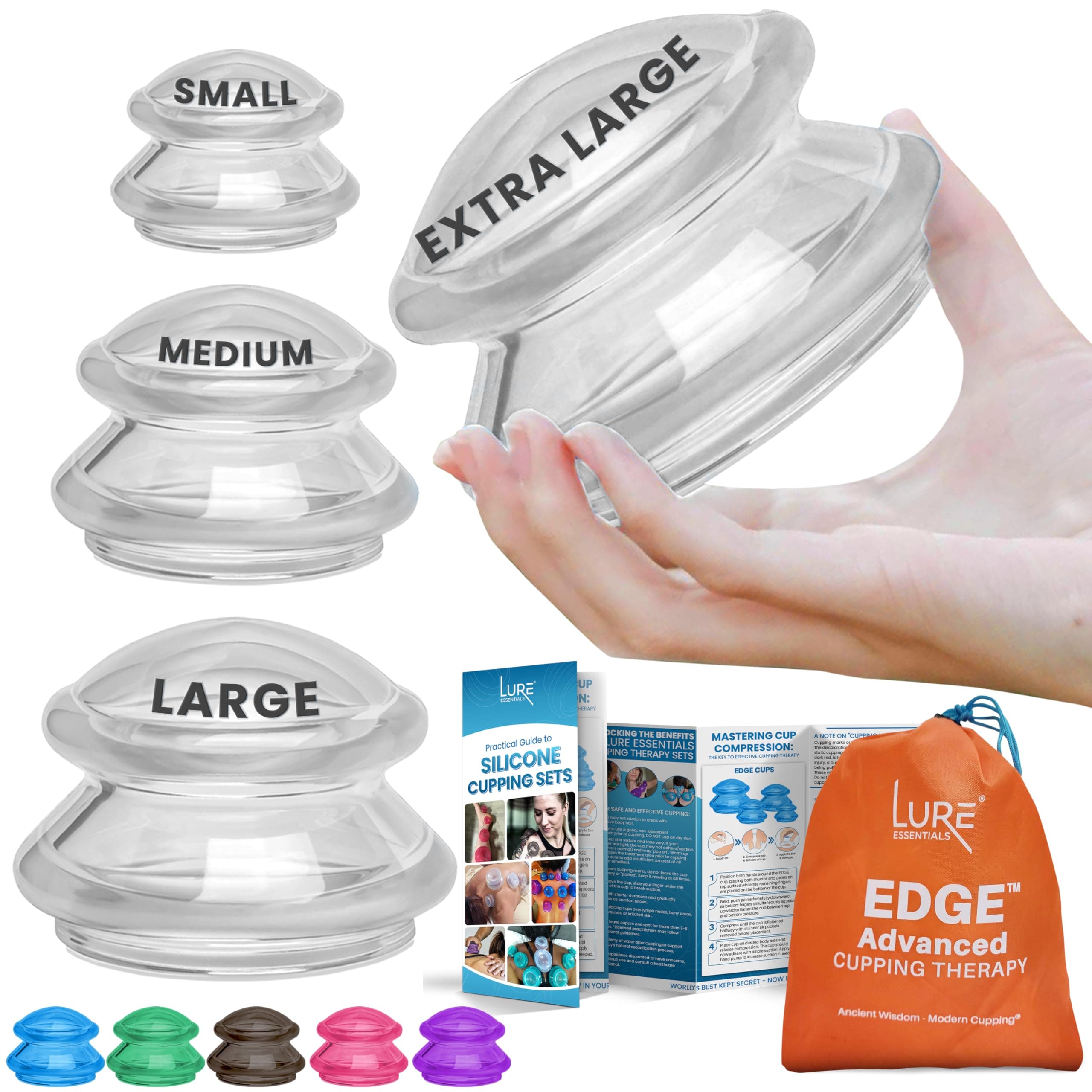 Lure Essentials Edge Silicone Cupping Set, Cupping Kit for Massage Therapy, Long Lasting Cups for Professional & Home Use, Body Sculpt Cup for Cellulite, Ultra Transparent Clear