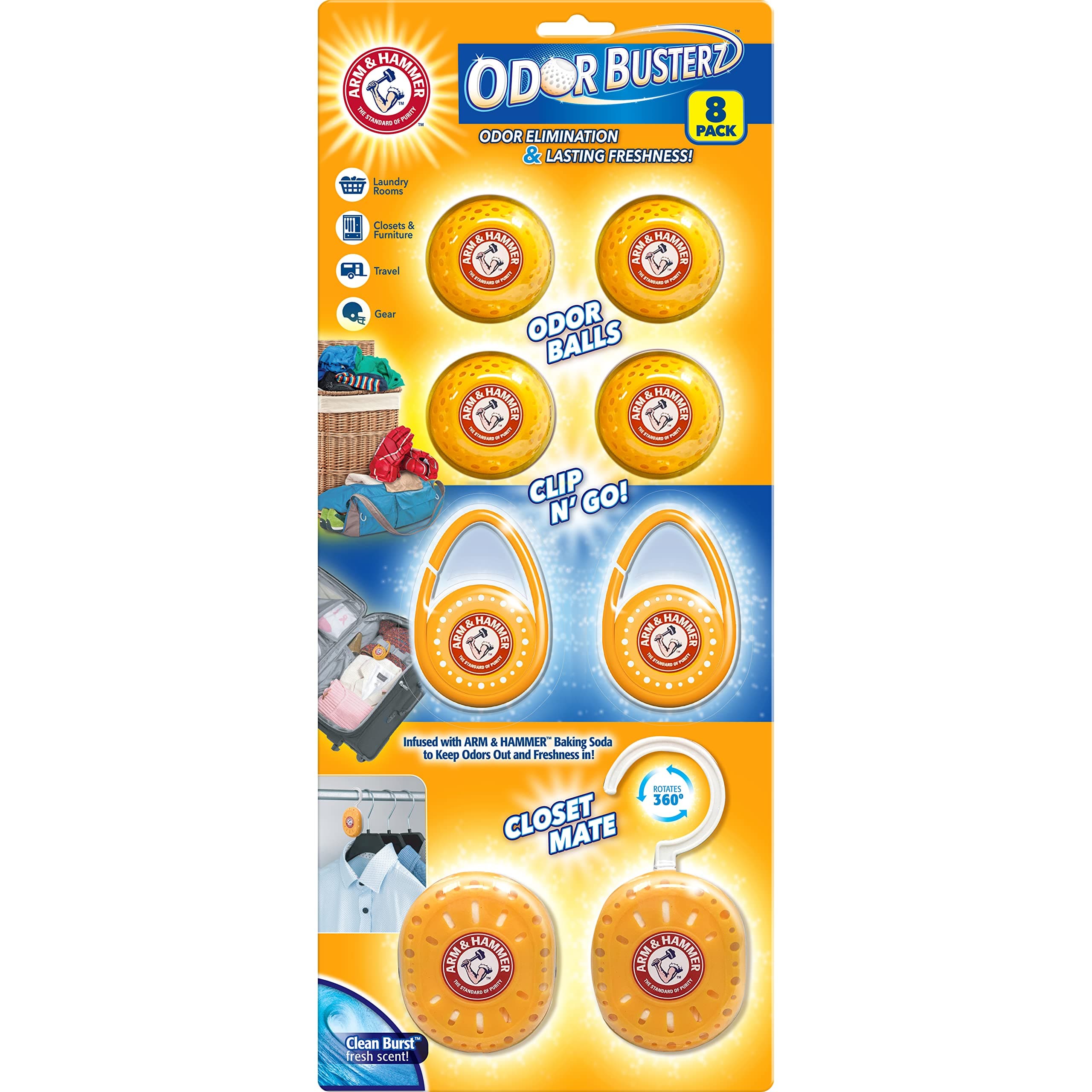 Arm and Hammer Odor Busterz Deodorizer Balls Mixed Pack: 4 odor eliminating balls, 2 with handy clips, 2 with hangers, 8 total for closets, bathrooms, work & sports gear, laundry hamper (8 Count)