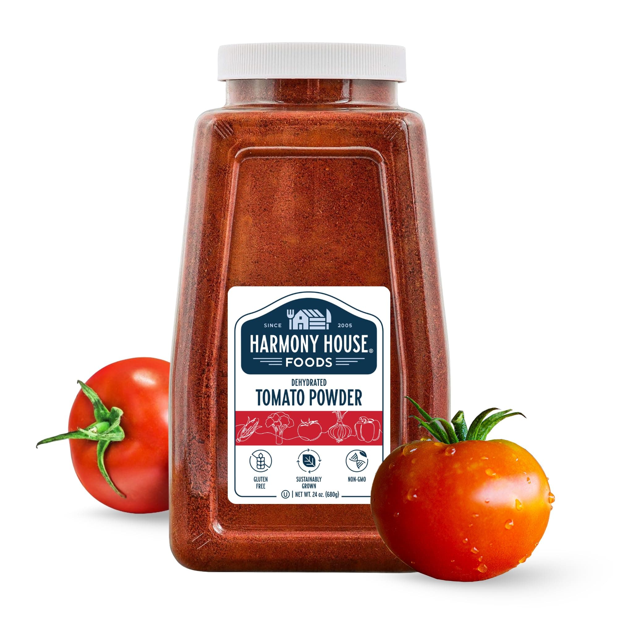 Premium Dehydrated Tomato Powder, 24 oz Size Quart Jar - From Harvest Red Tomatoes by Harmony House Foods