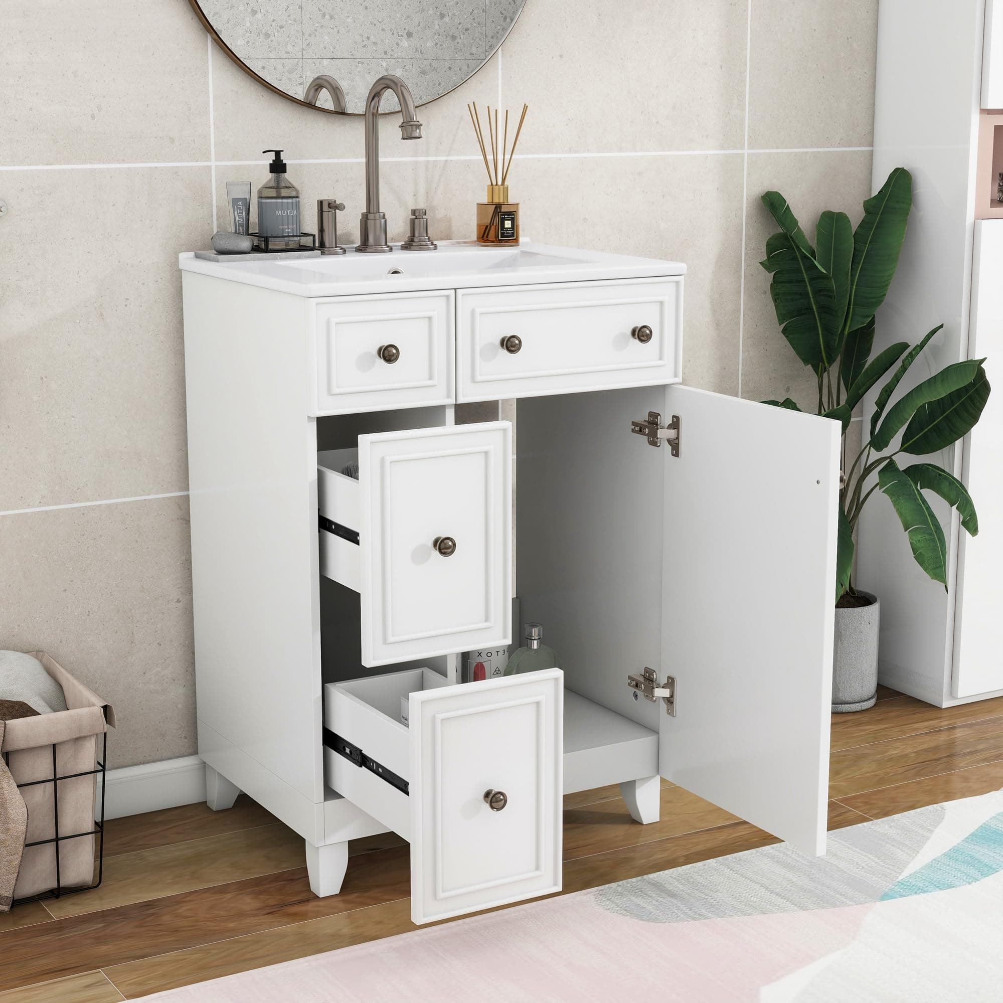 24" Bathroom Vanity with Sink, Free Standing Single Basin Vanity Set with Two Drawers and One Door, Modern Wooden Bathroom Cabinet with Ceramic Basin for Bathroom, White