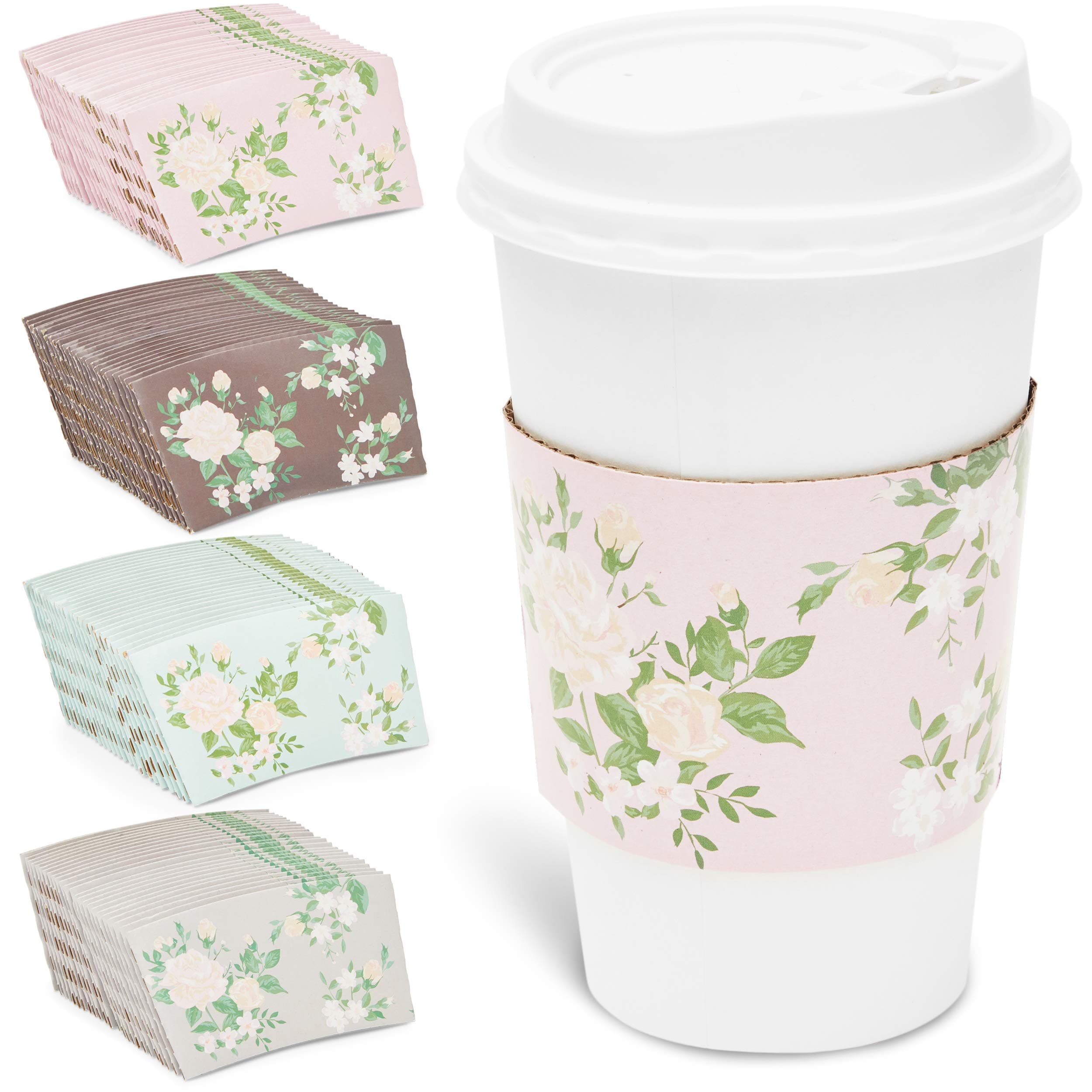 Sparkle and Bash 100 Pack Disposable Floral Paper Coffee Cup Sleeves, Drink Sleeves for Cups, 4 Colors (2.5 In)