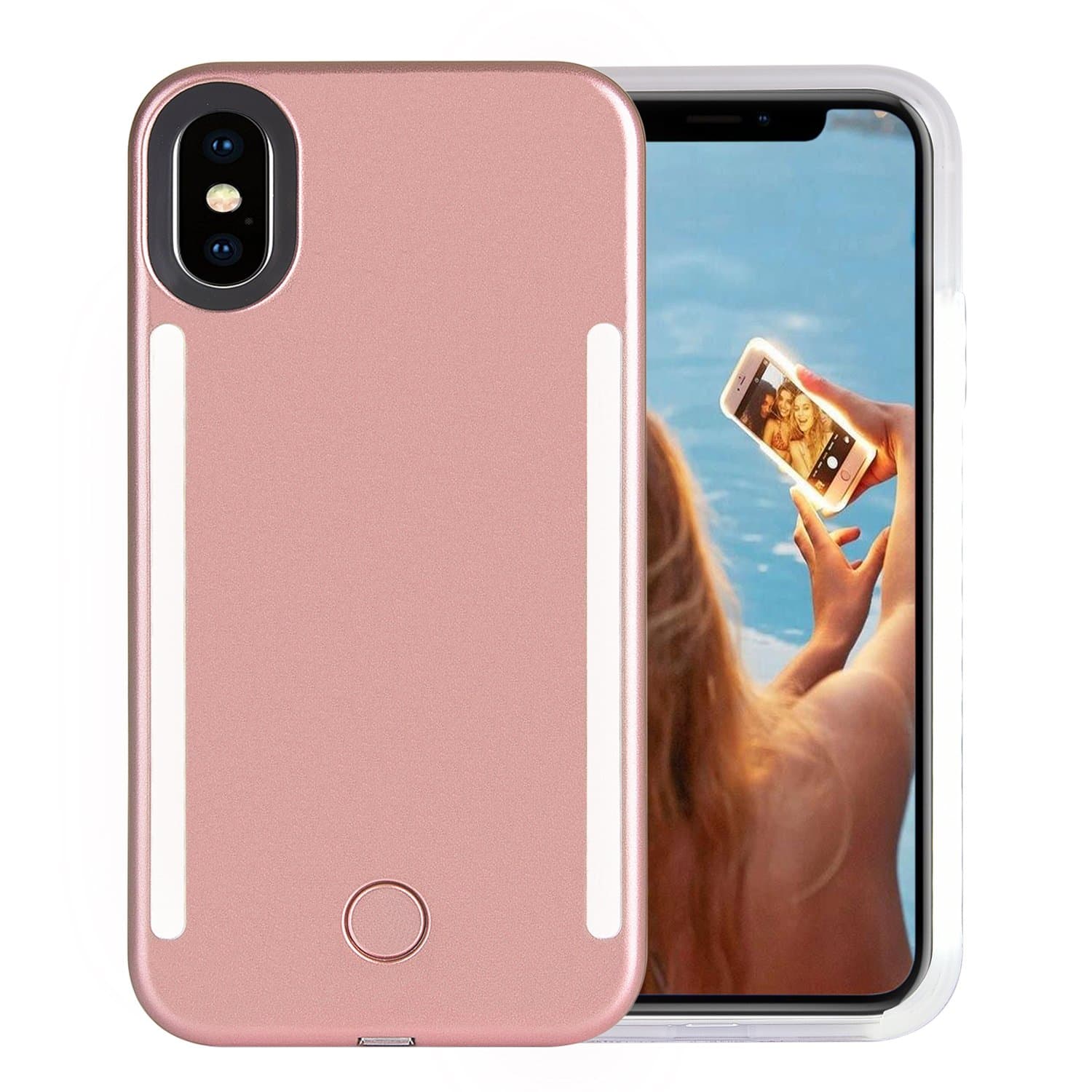 Wellerly iPhone Xs Max Case, LED Illuminated Selfie Light Cell Phone Case Cover [Rechargeable] Dual Light Up Luminous Selfie Flashlight Case for iPhone Xs Max 6.5inch (Rose Gold)