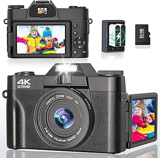 4K Digital Camera for Photography and Video - 56MP Digital Point & Shoot Camera with Flip Screen, Ultra HD Vlogging Camera for YouTube, 32G Card 16X Zoom, Vintage Compact Cameras for Boys Girls Teens