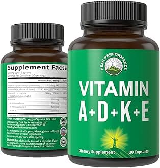 Peak Performance Vitamins D 5,000 iu + A + K + E All in 1 Easy to Swallow Vegan Capsule. ADK Vitamin Supplement with E D3 K2. Essential Vitamins for Mood, Immune, Bone, Vision, Heart