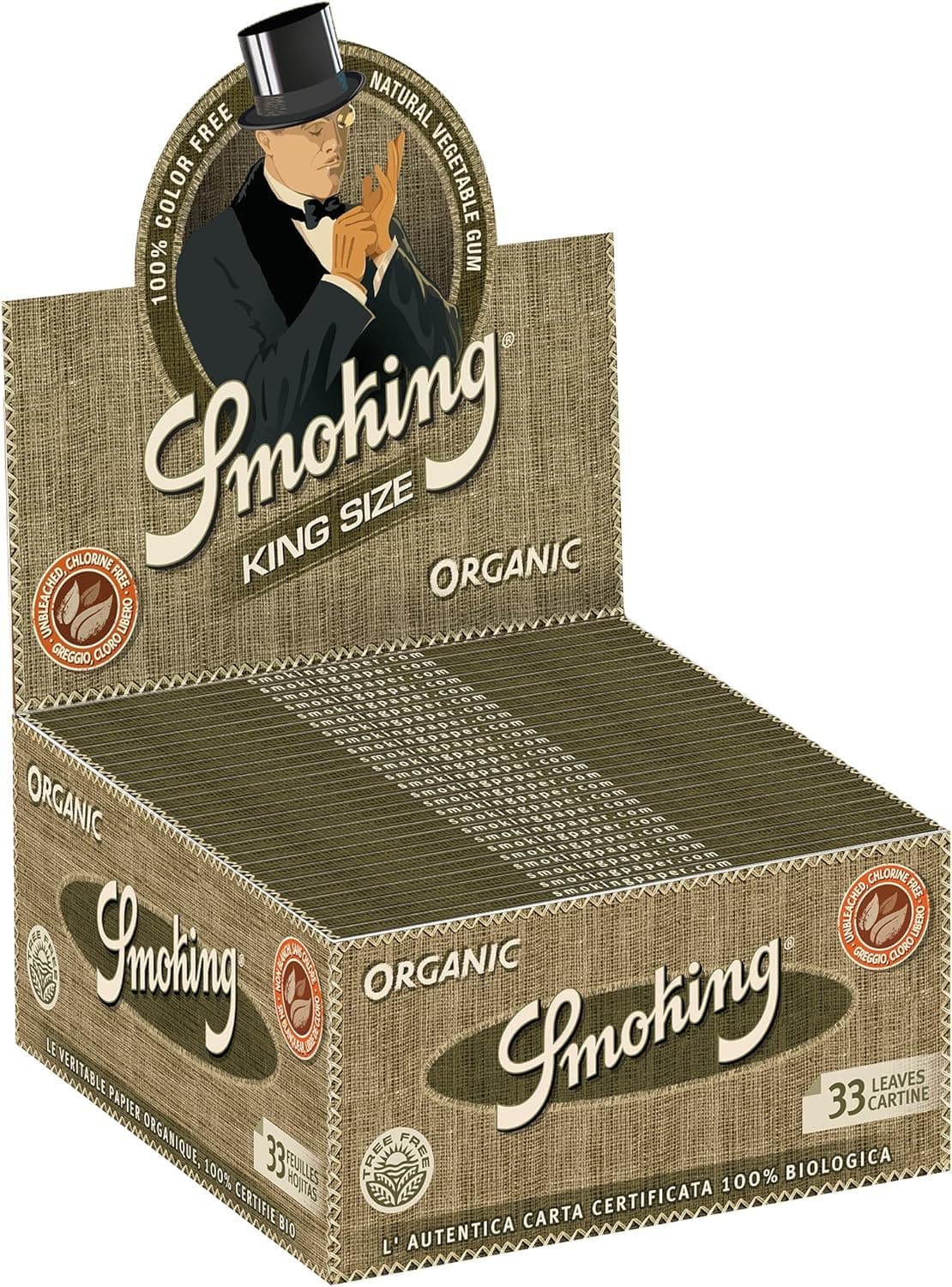 Organic Rolling Papers - 33 Papers Per Pack - King Size Slim,Pack of 50 Booklets Display per Box + (Free 1 Pcs Cone Holder,1Pcs Glass Chillam Random Colour & Design and 1 Booklet of KS Smoking Brown + Multicolor Roach/Tips by Smoking Trading House,The Original supplier.)