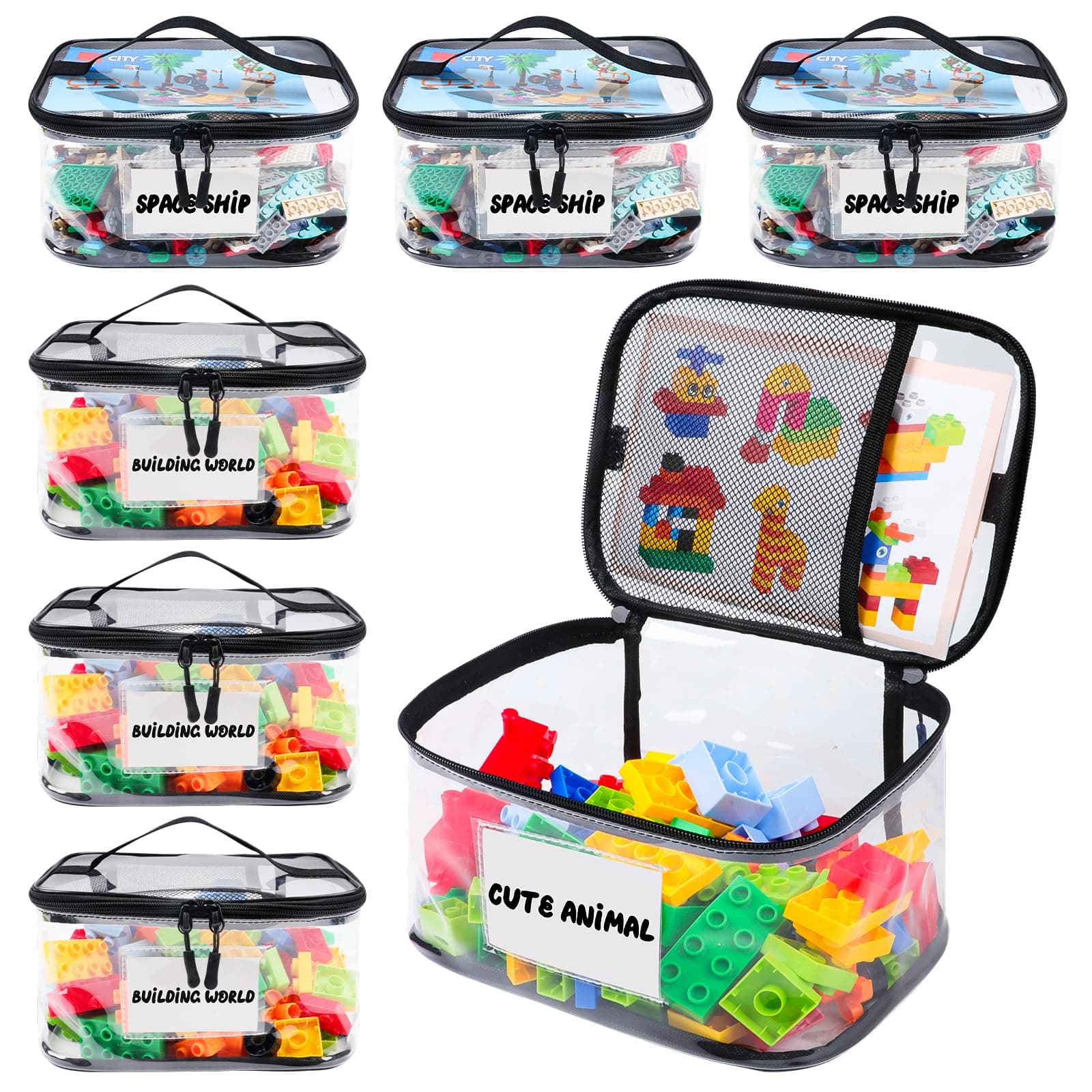Tesuko 6 Pack Clear Toy Storage Bag with Name Tag& Manual Pocket, Waterproof Transparent PVC Toy Organizer Case for Lego Bricks, Board Games, Building Blocks, Puzzles (Large Capacity, Black)