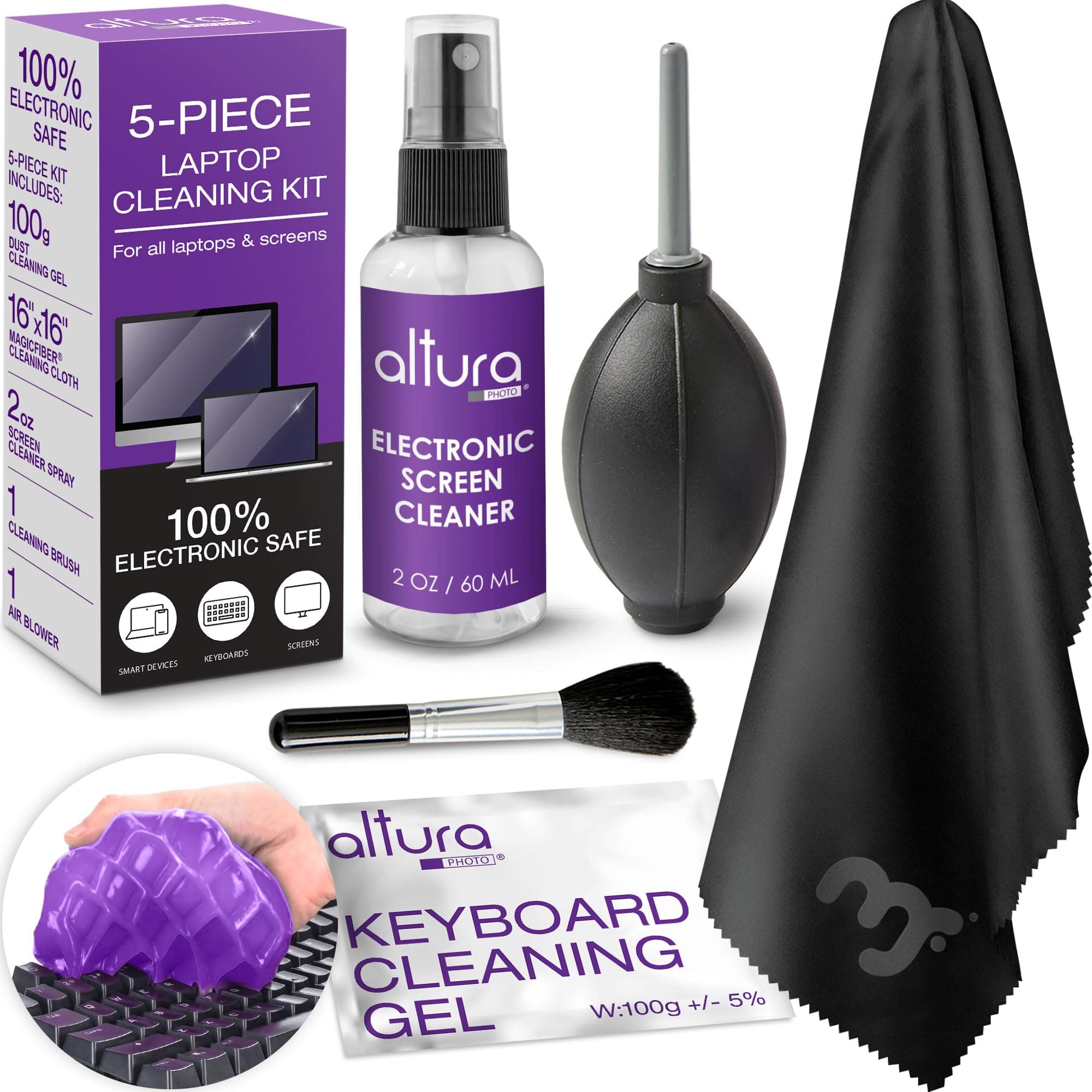 Altura Photo Professional Laptop Cleaning Kit Computer Screen & Keyboard Cleaner 5 Piece Electronic Cleaner with Laptop Screen Spray, Air Blower, Brush, Keyboard Gel, & Microfiber Cloth
