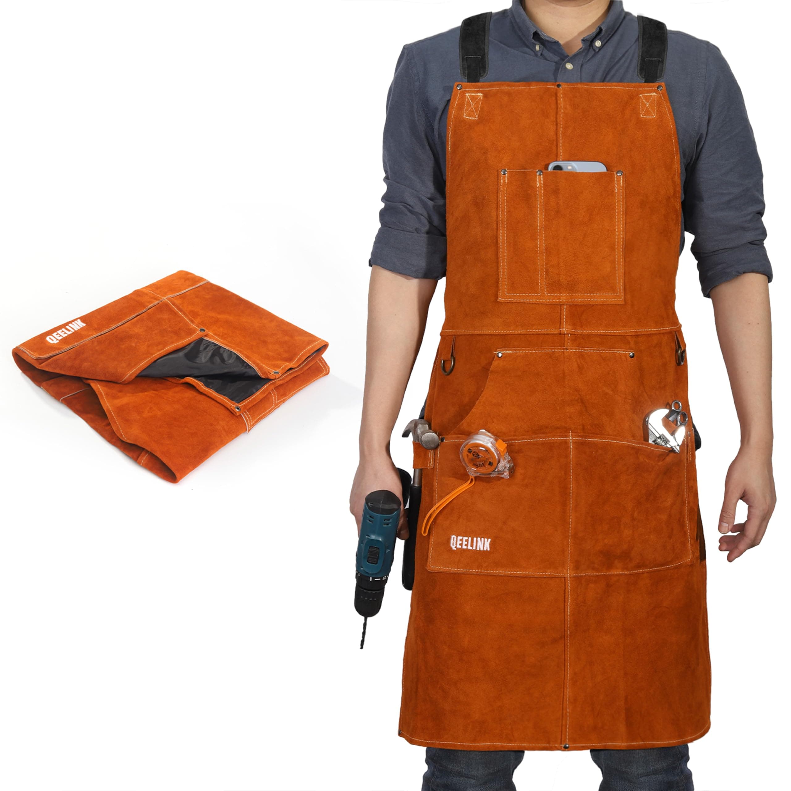 QeeLink Leather Welding Work Apron with 6 Tool Pockets, Heat & Flame Resistant Welder Aprons, 24" x 36", Adjustable M to XXXL, Brown, Small-5X-Large