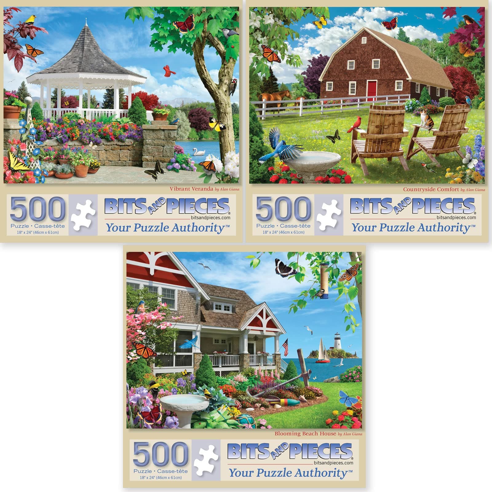 Bits and Pieces - Value Set of Three (3) 500 Piece Jigsaw Puzzles for Adults - Puzzles Measure 18" x 24" - 500 pc Vibrant Veranda, Countryside Comfort, Blooming Beach House Jigsaws by Alan Giana